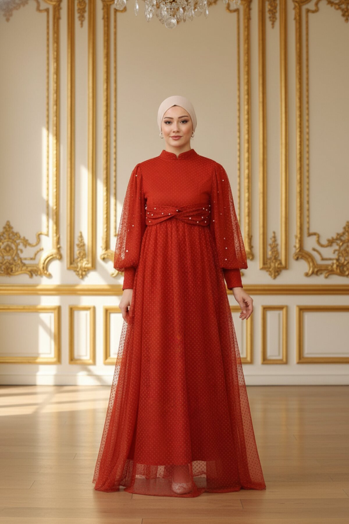 Tulle Pearl-Detail Modest Evening Dress - Tile Red - Modamihram