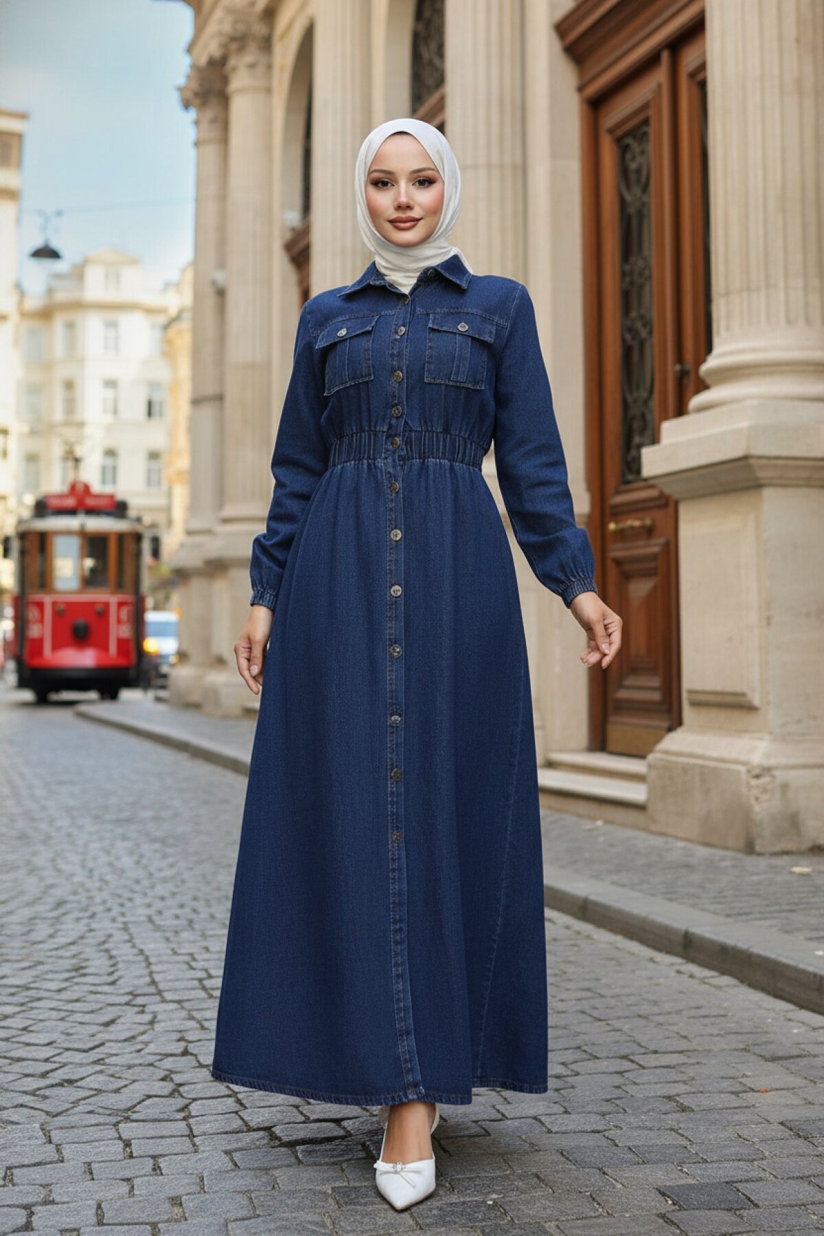 Elasticated Waist Denim Abaya - Dark Blue - Modamihram