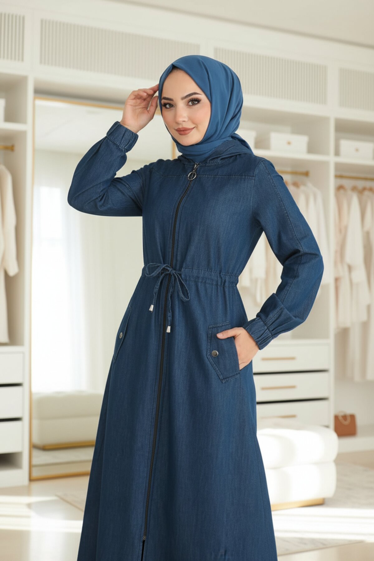 Denim Waist-Tie Abaya - Dark Blue - Modamihram