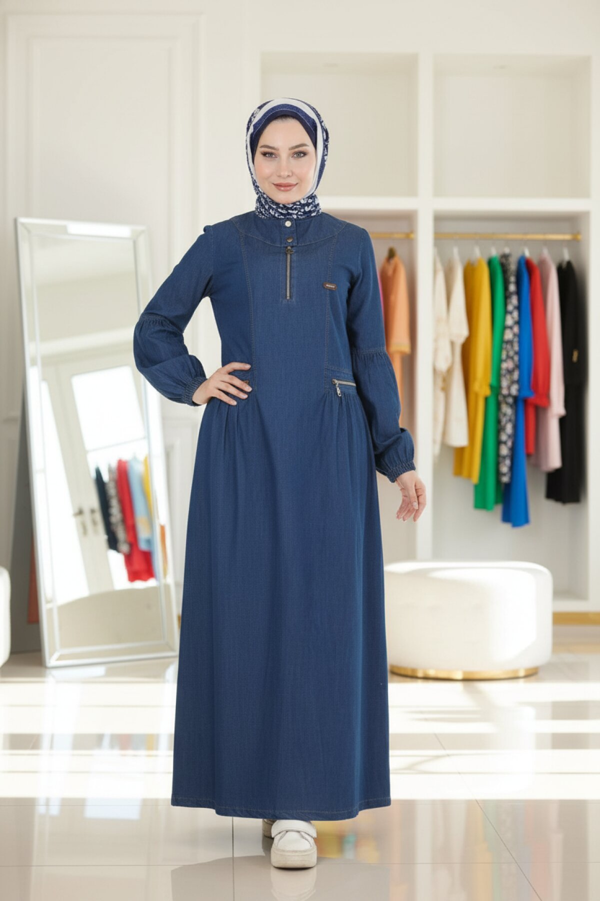 Dark Blue Denim Zipper-Detail Modest Dress - Dark Blue - Modamihram