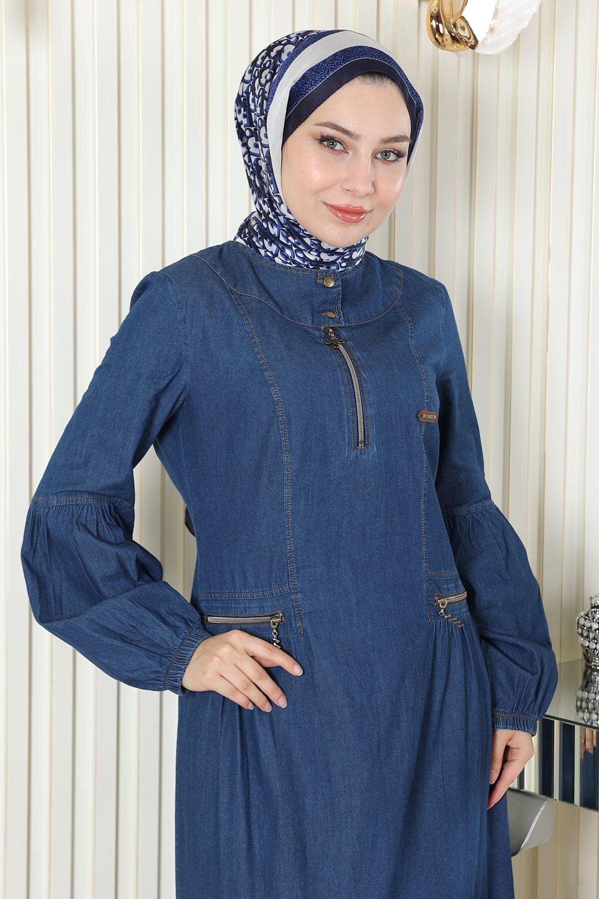 Dark Blue Denim Zipper-Detail Modest Dress - Dark Blue - Modamihram