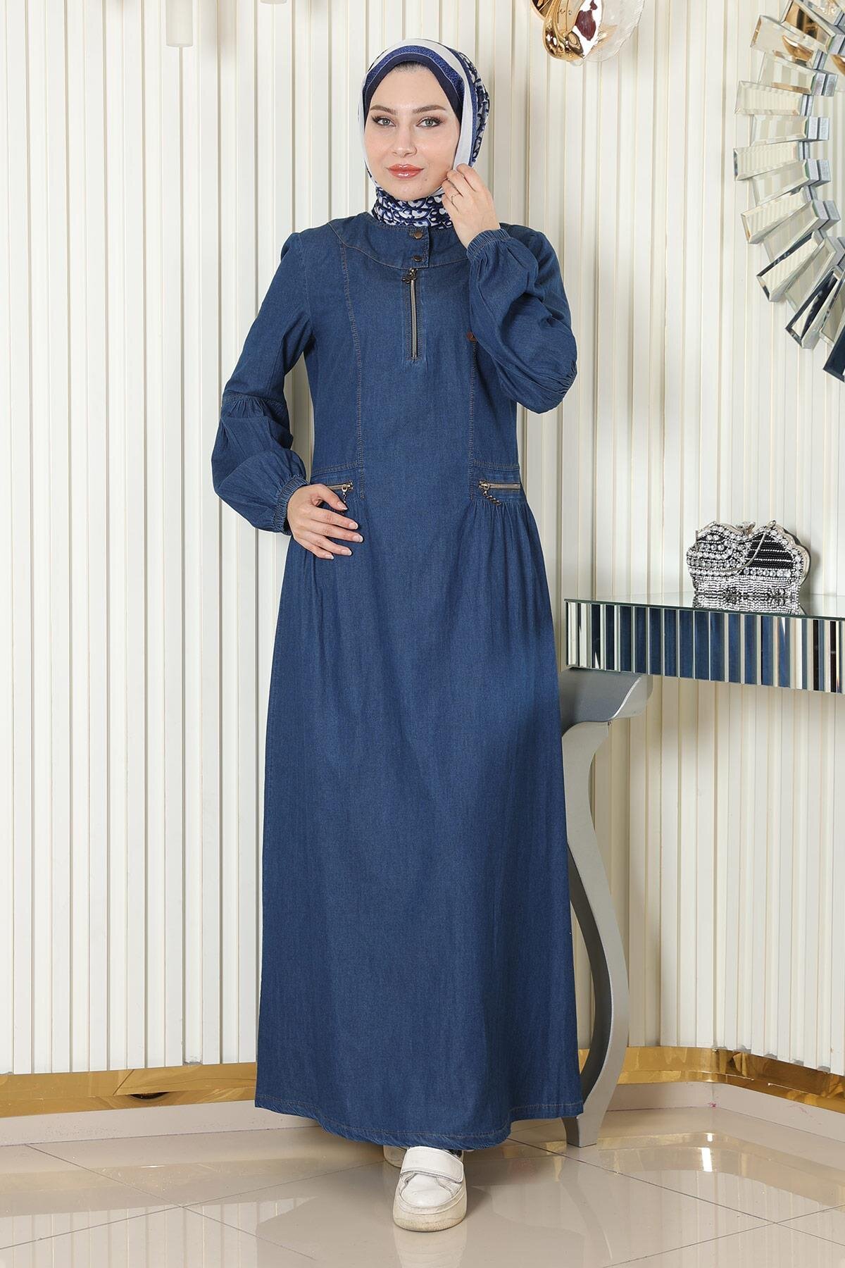 Dark Blue Denim Zipper-Detail Modest Dress - Dark Blue - Modamihram