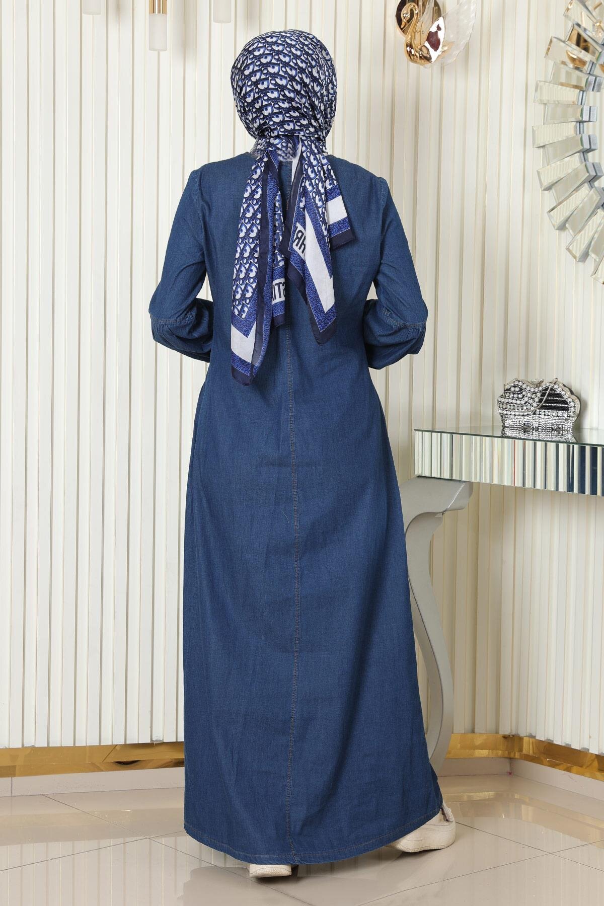 Dark Blue Denim Zipper-Detail Modest Dress - Dark Blue - Modamihram