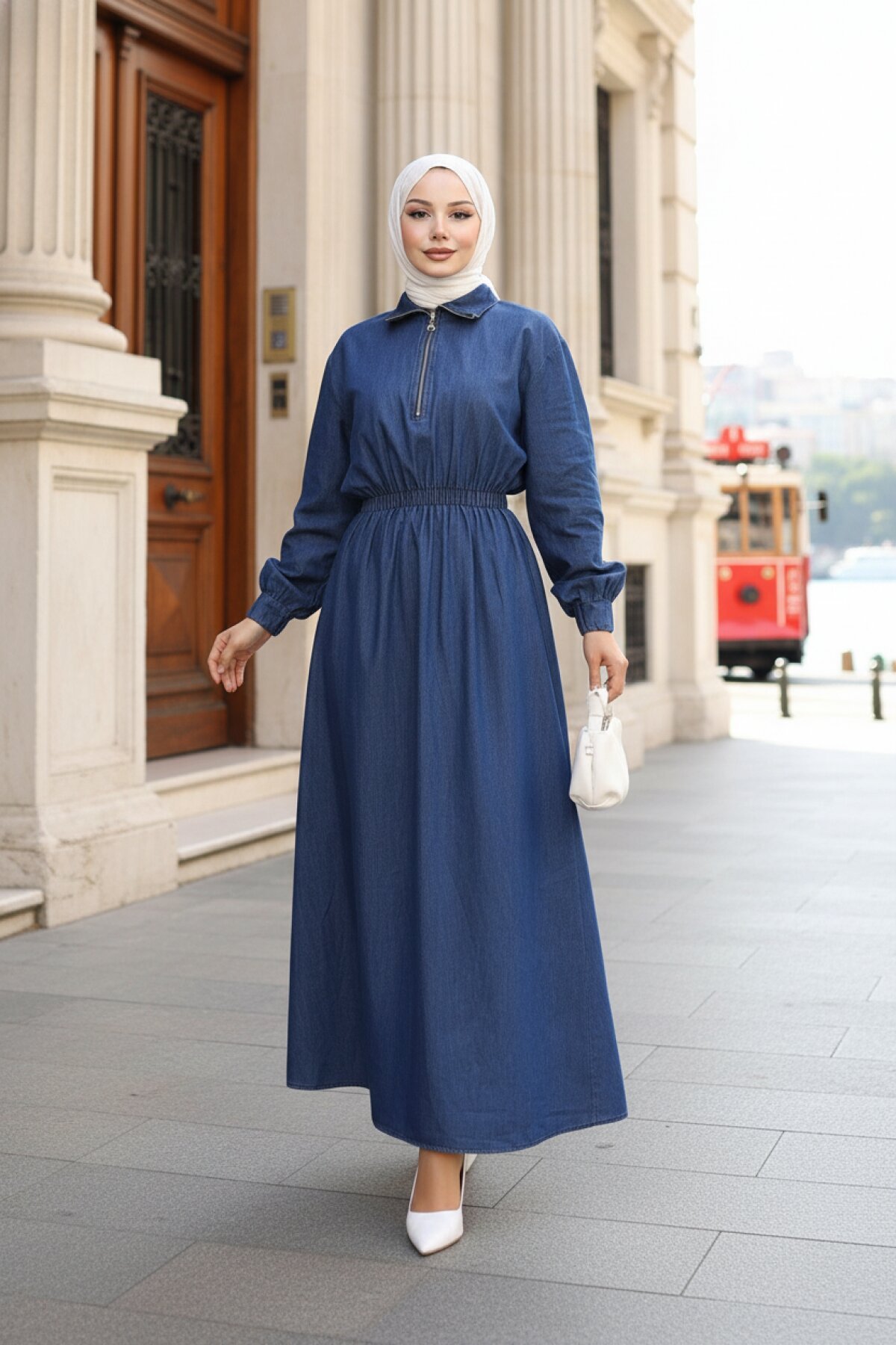 Zippered Denim Elastic Waist Modest Dress - Dark Blue - Modamihram