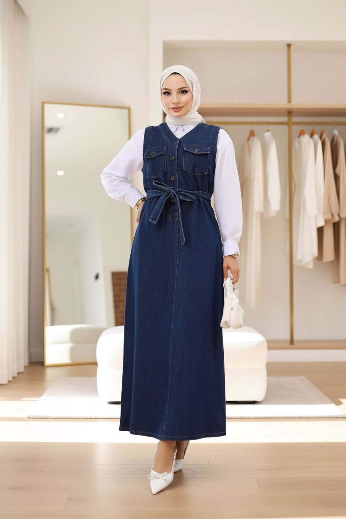 Denim Belted Modest Dress - Dark Blue - Modamihram
