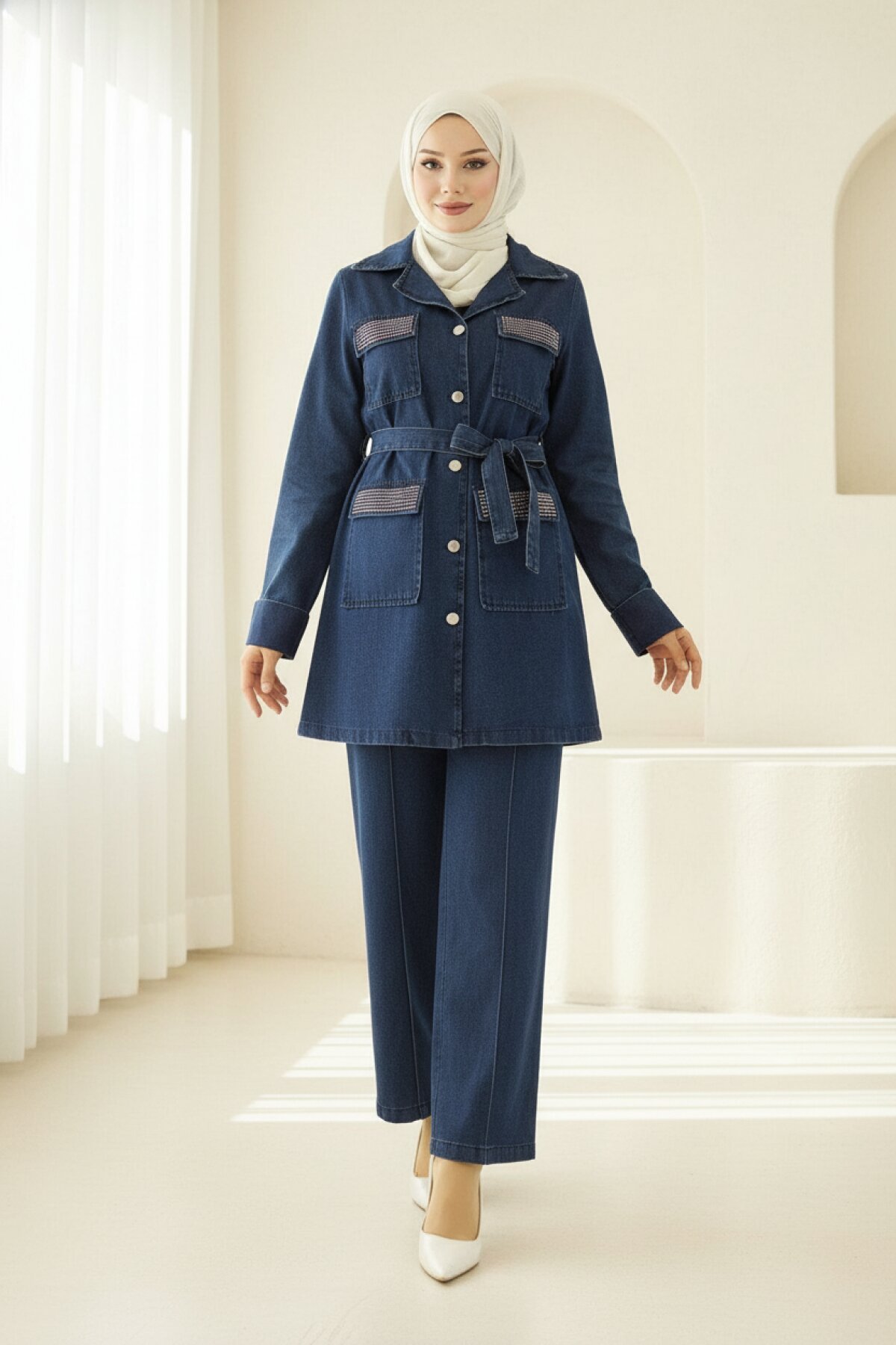 Stone-Detailed Denim Modest Set - Dark Blue - Modamihram