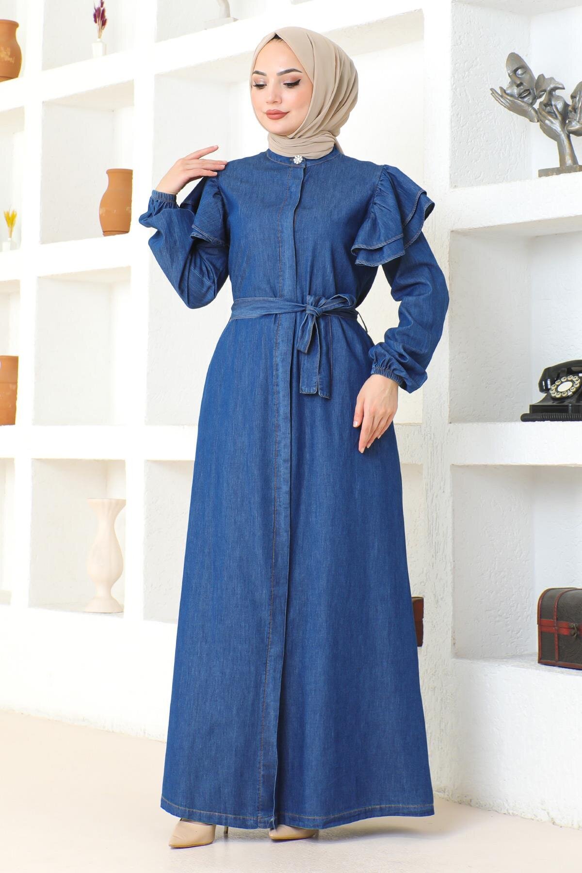 Shoulder Ruffle Buttoned Abaya - Dark Blue - Modamihram