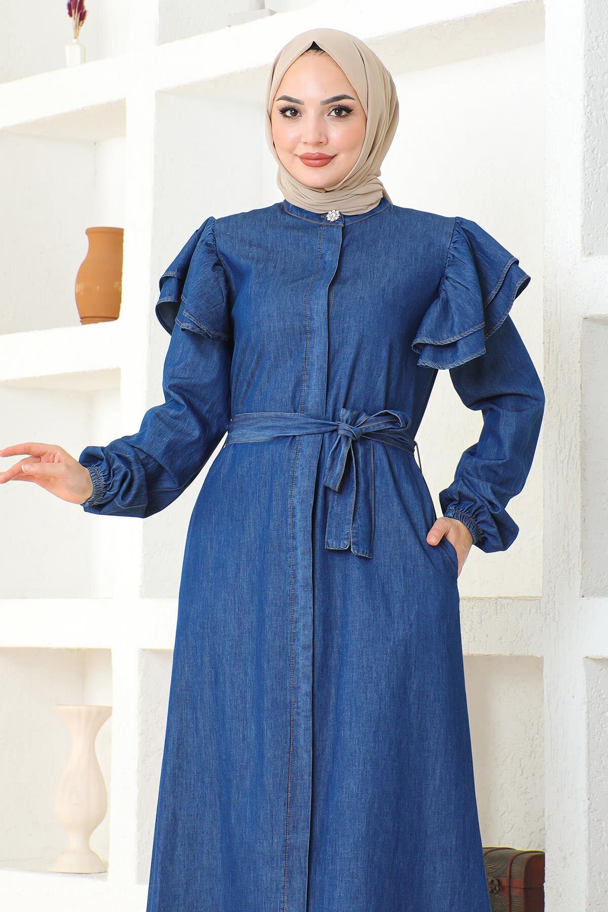 Shoulder Ruffle Buttoned Abaya - Dark Blue - Modamihram