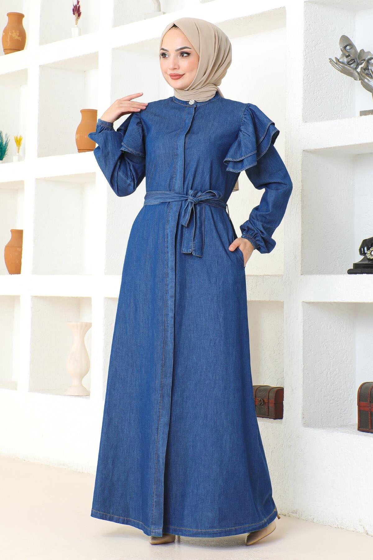 Shoulder Ruffle Buttoned Abaya - Dark Blue - Modamihram