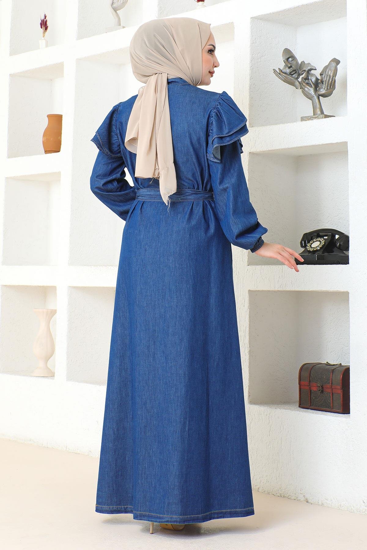 Shoulder Ruffle Buttoned Abaya - Dark Blue - Modamihram