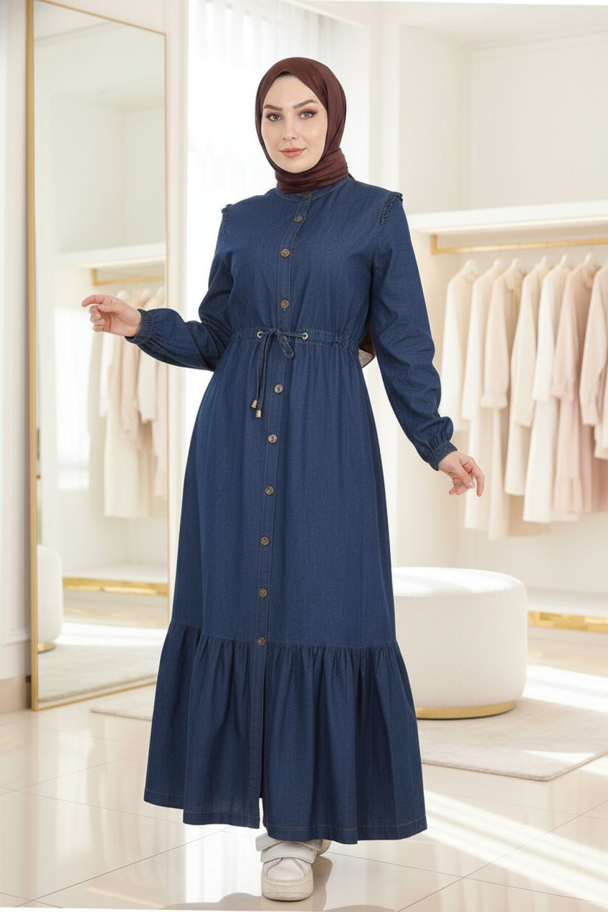Long Waist-Laced Denim Modest Dress - Dark Blue - Modamihram