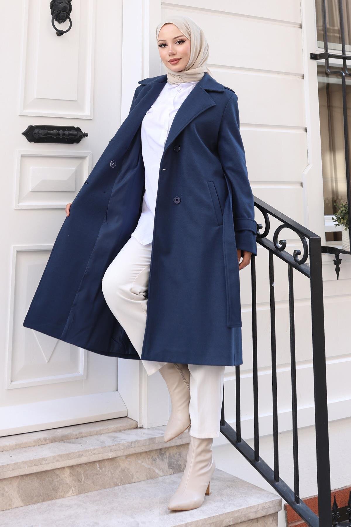 Belted Cachet Winter Coat - Navy Blue - Modamihram