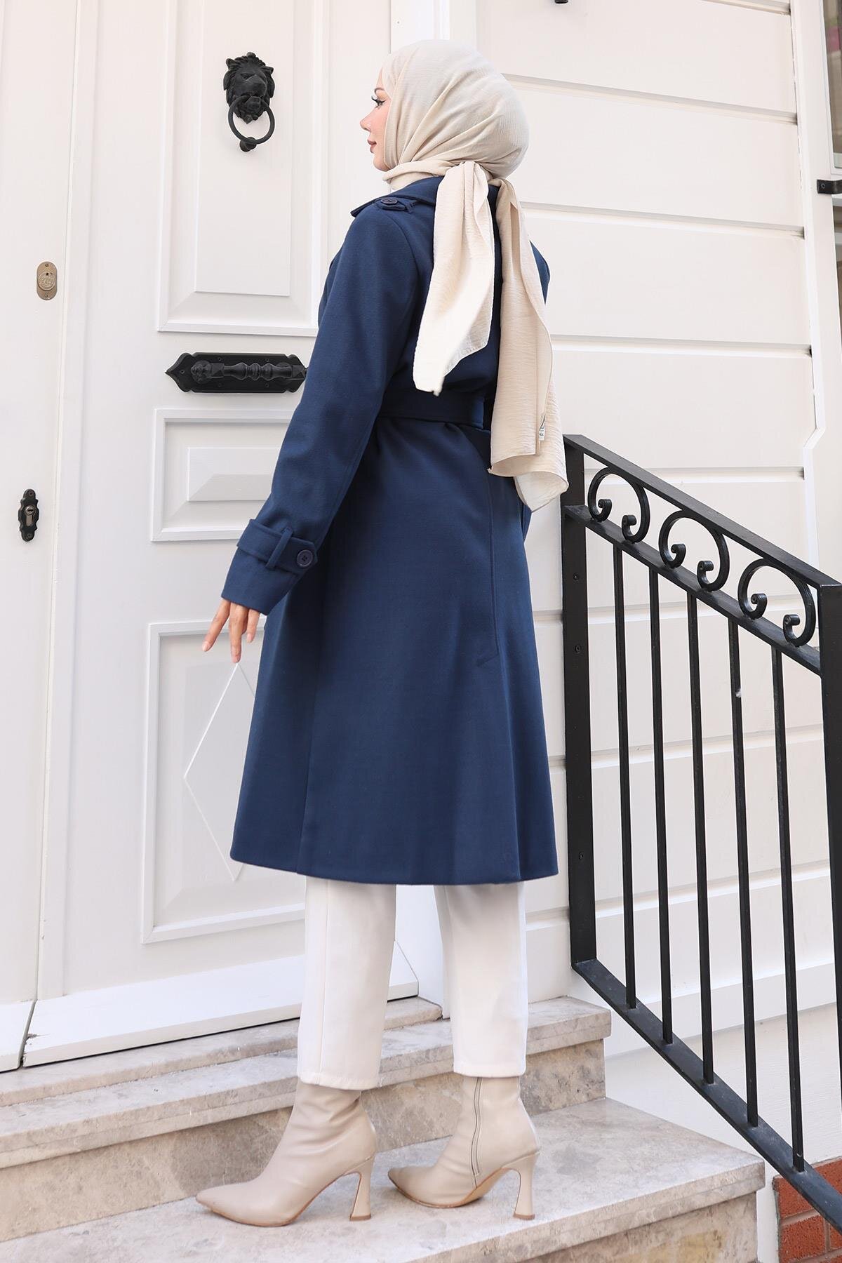 Belted Cachet Winter Coat - Navy Blue - Modamihram