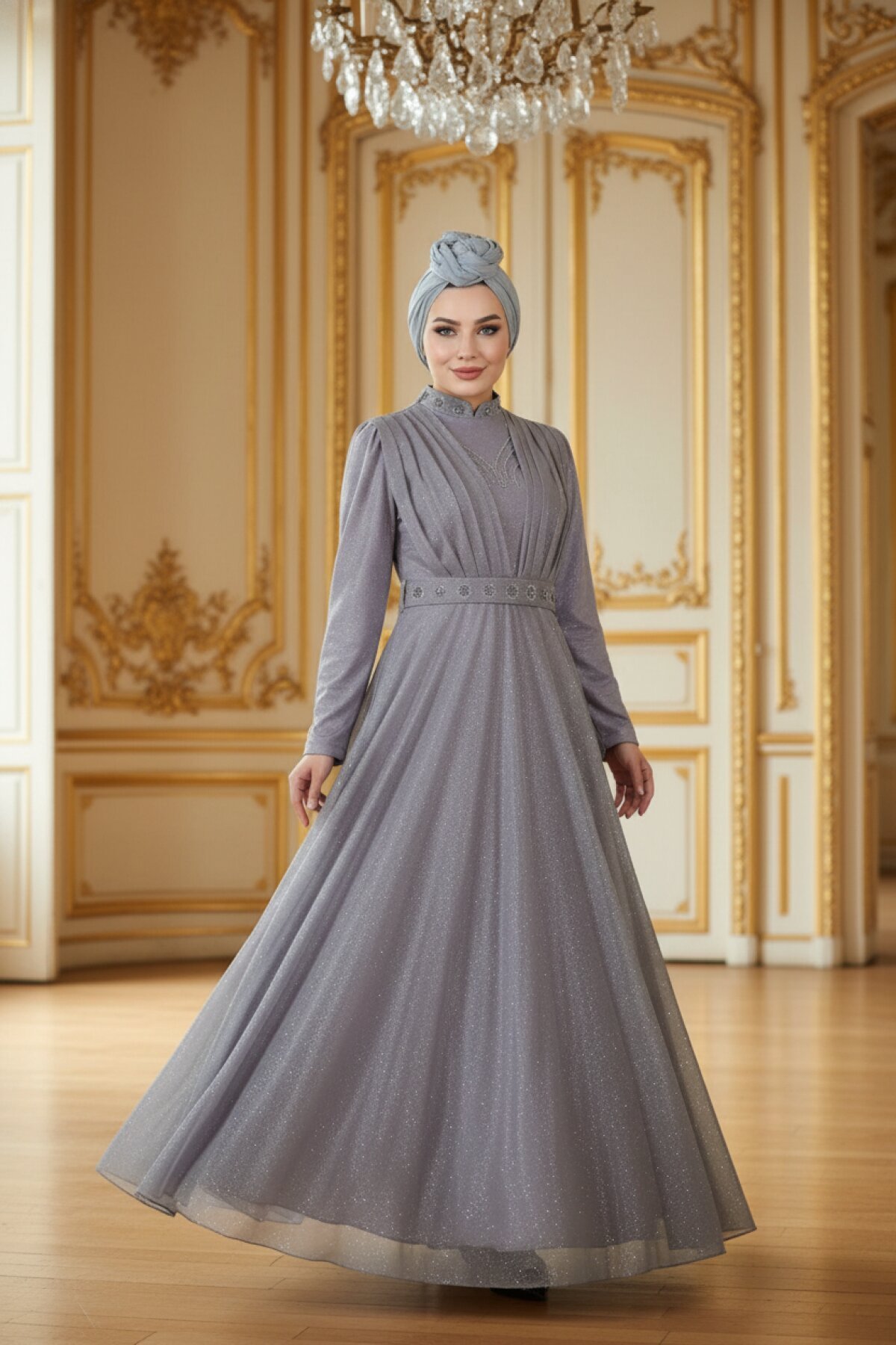 Glittery Draped Stone-Detail Modest Evening Dress - Lilac - Modamihram