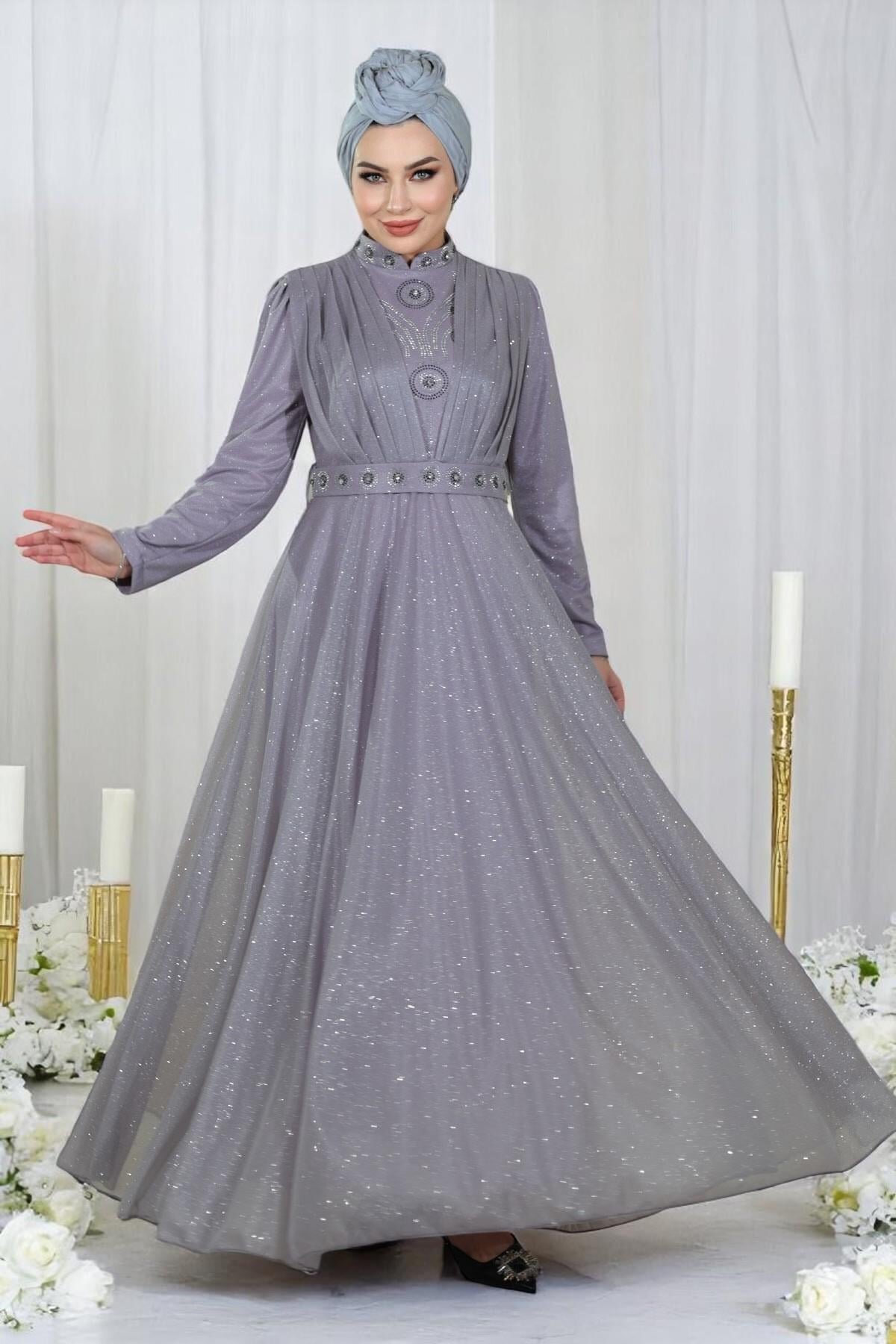 Glittery Draped Stone-Detail Modest Evening Dress - Lilac - Modamihram