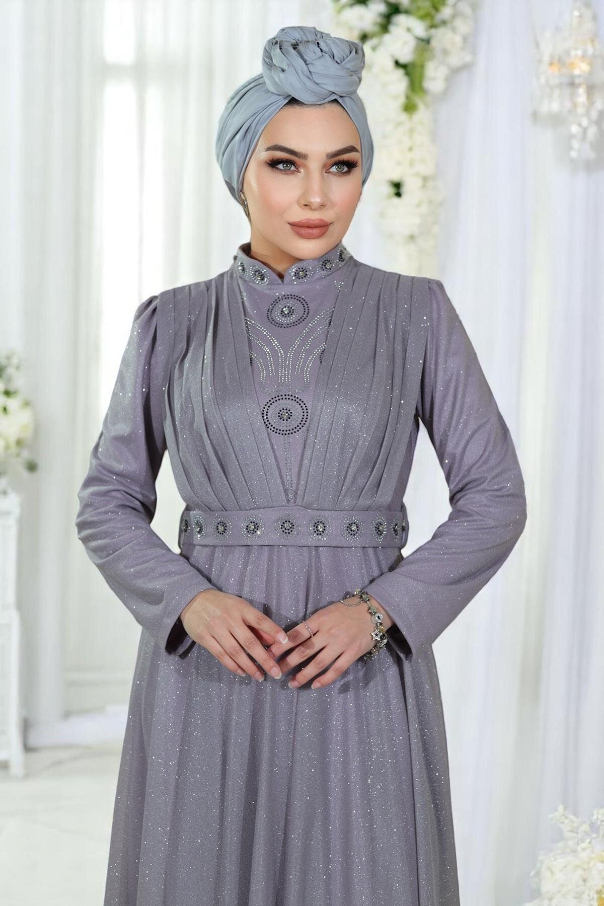 Glittery Draped Stone-Detail Modest Evening Dress - Lilac - Modamihram
