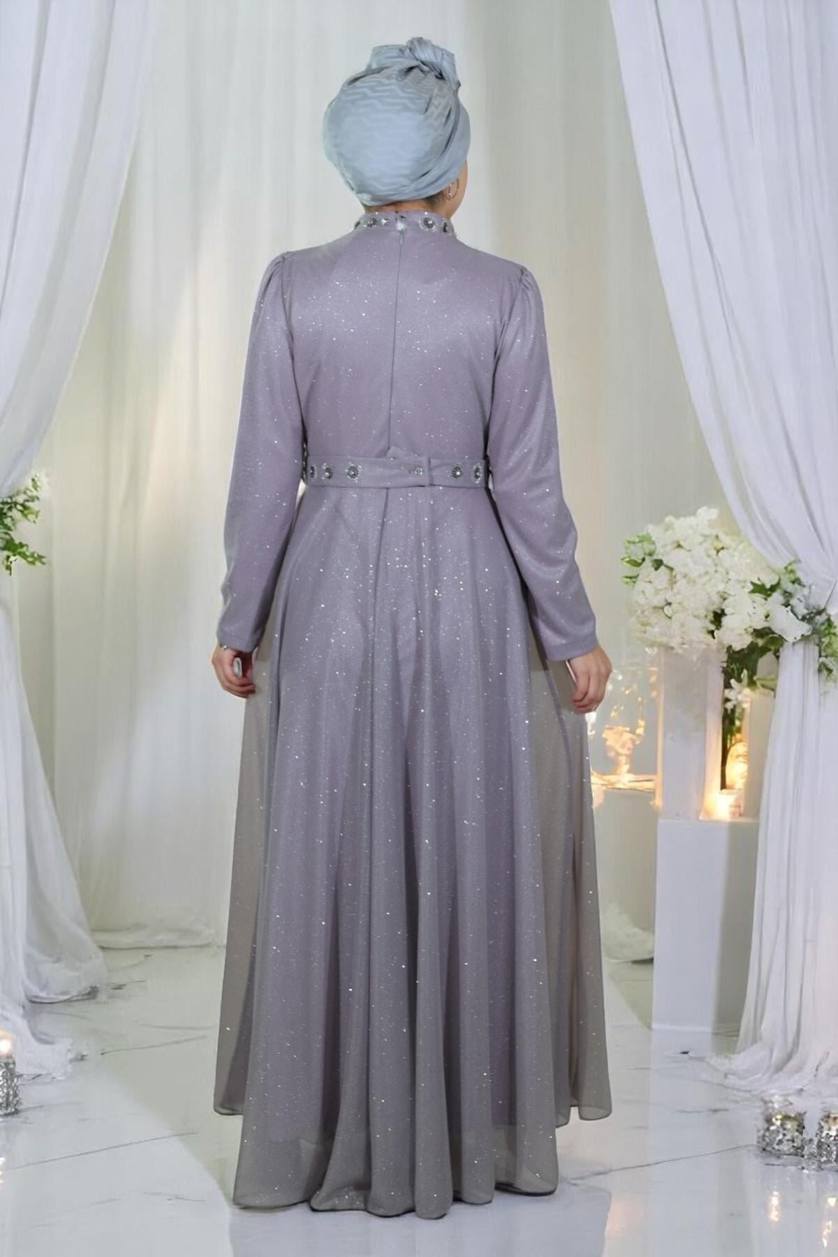 Glittery Draped Stone-Detail Modest Evening Dress - Lilac - Modamihram