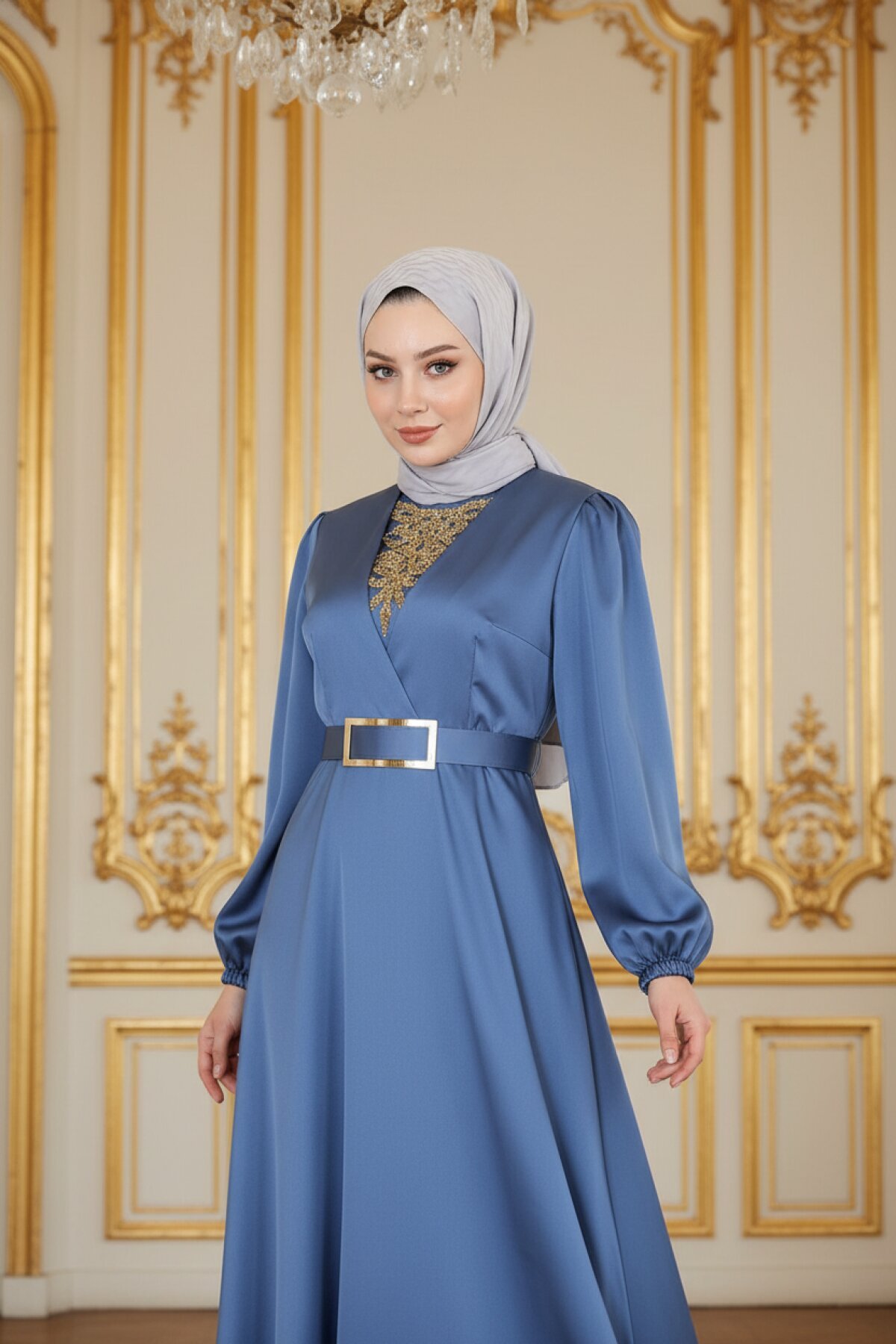 Satin Stone-Detailed Modest Evening Dress - Blue - Modamihram