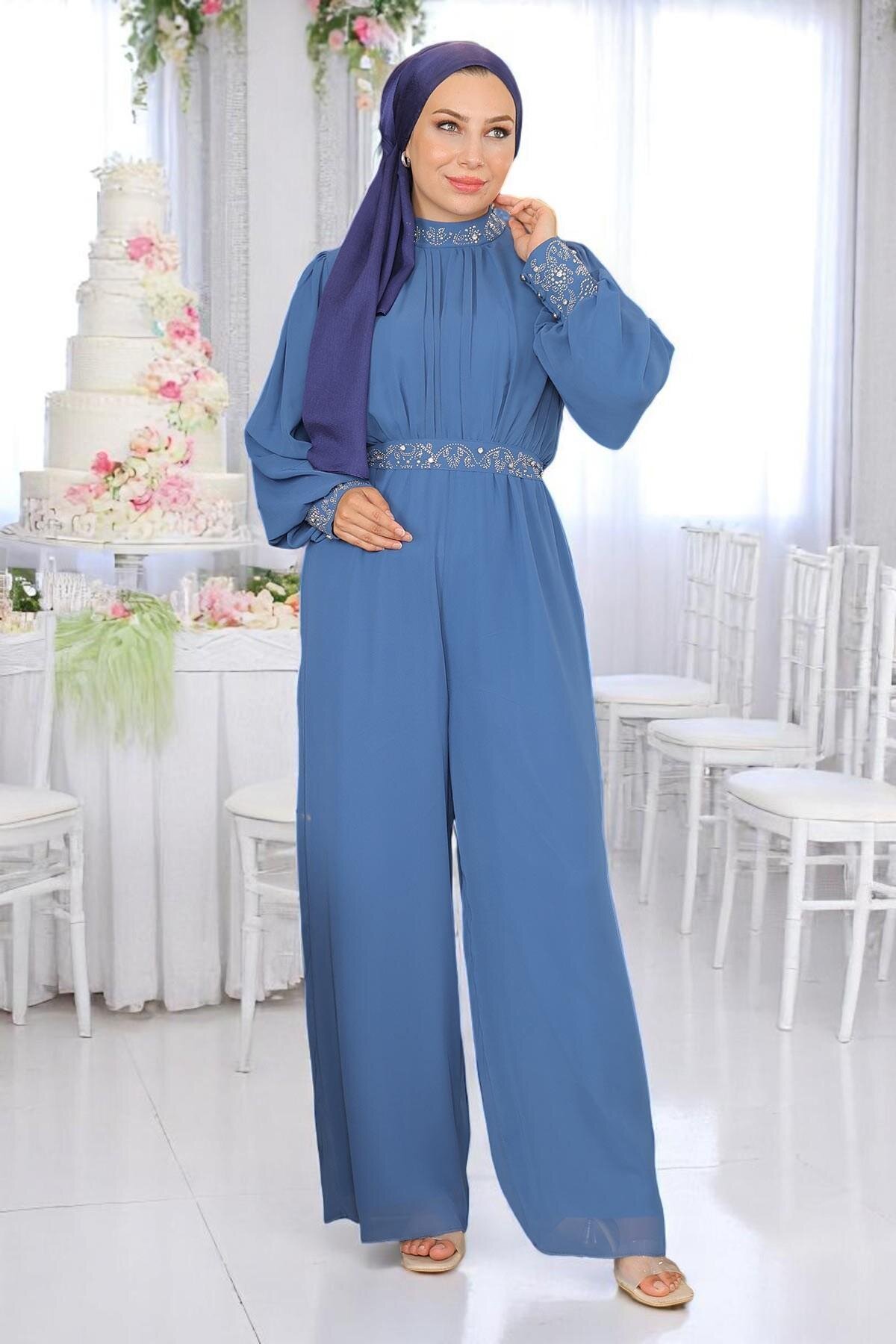 Chiffon Stone-Detailed Evening Jumpsuit - Blue - Modamihram