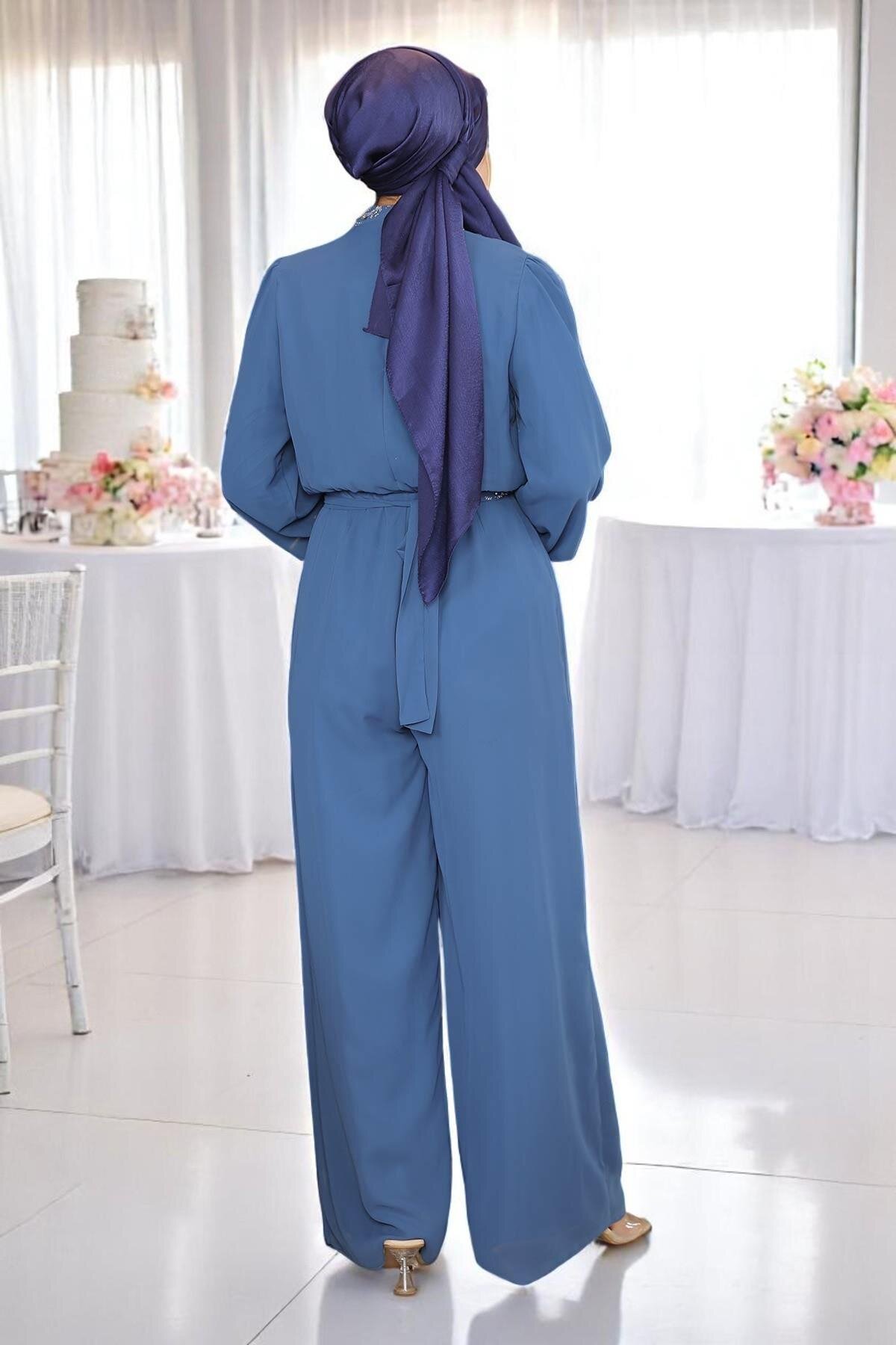 Chiffon Stone-Detailed Evening Jumpsuit - Blue - Modamihram
