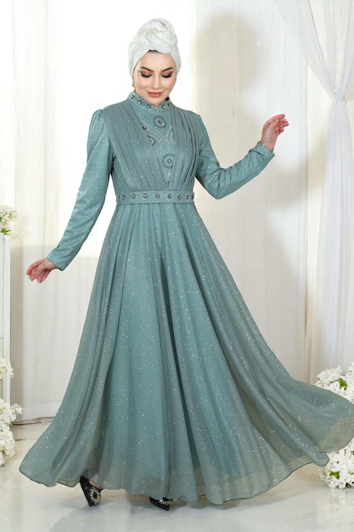 Glittery Draped Chiffon Stone-Detailed Modest Evening Dress - Mint - Modamihram