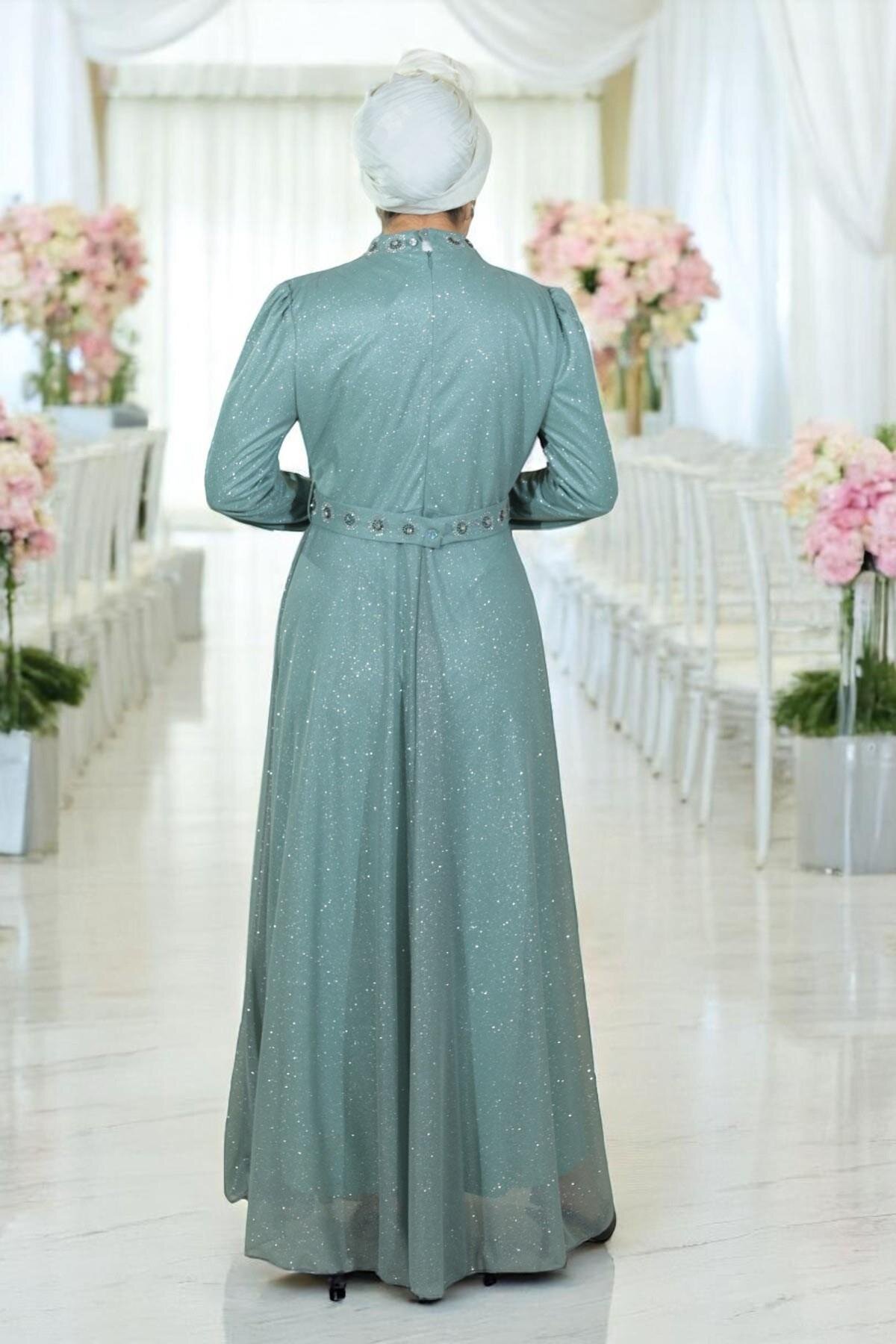 Glittery Draped Chiffon Stone-Detailed Modest Evening Dress - Mint - Modamihram