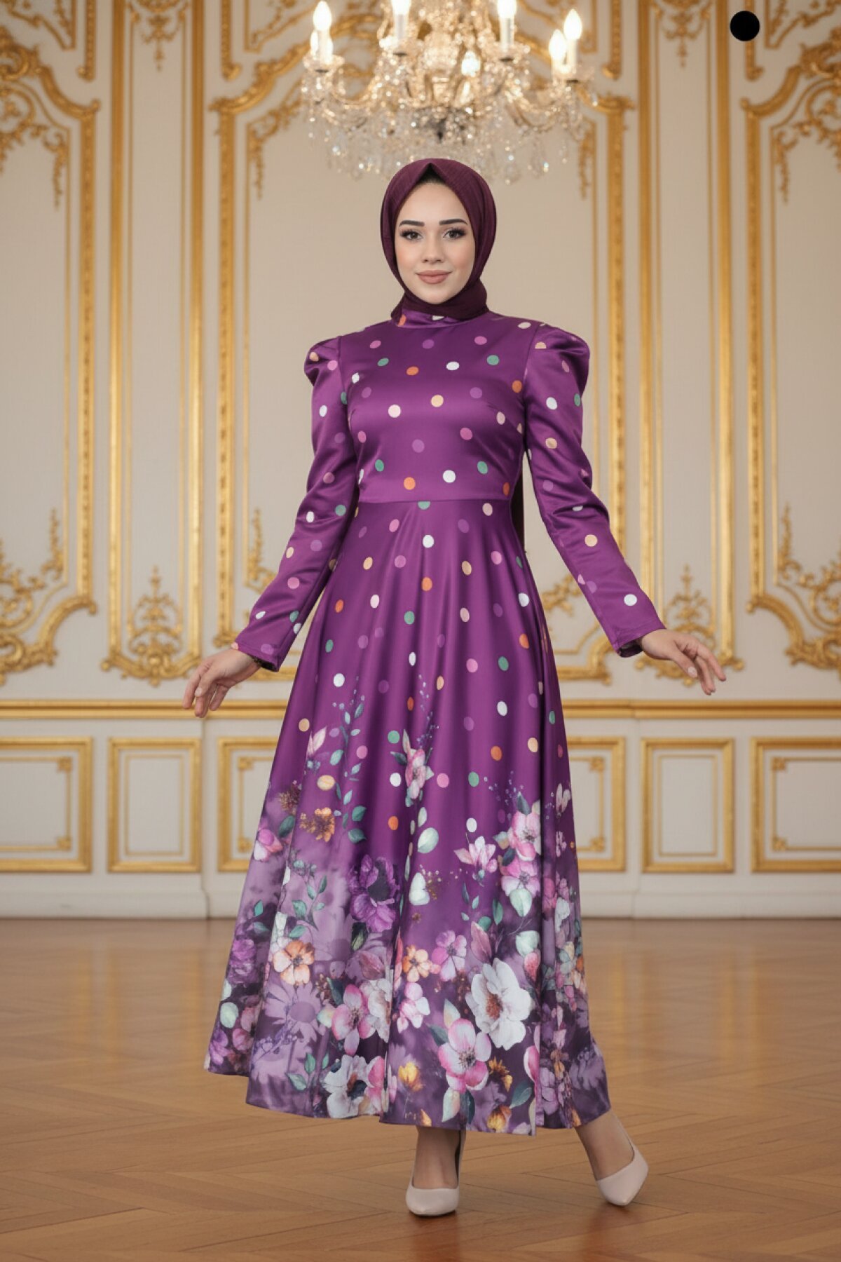 Satin Floral Polka Dot Modest Evening Dress - Damson - Modamihram