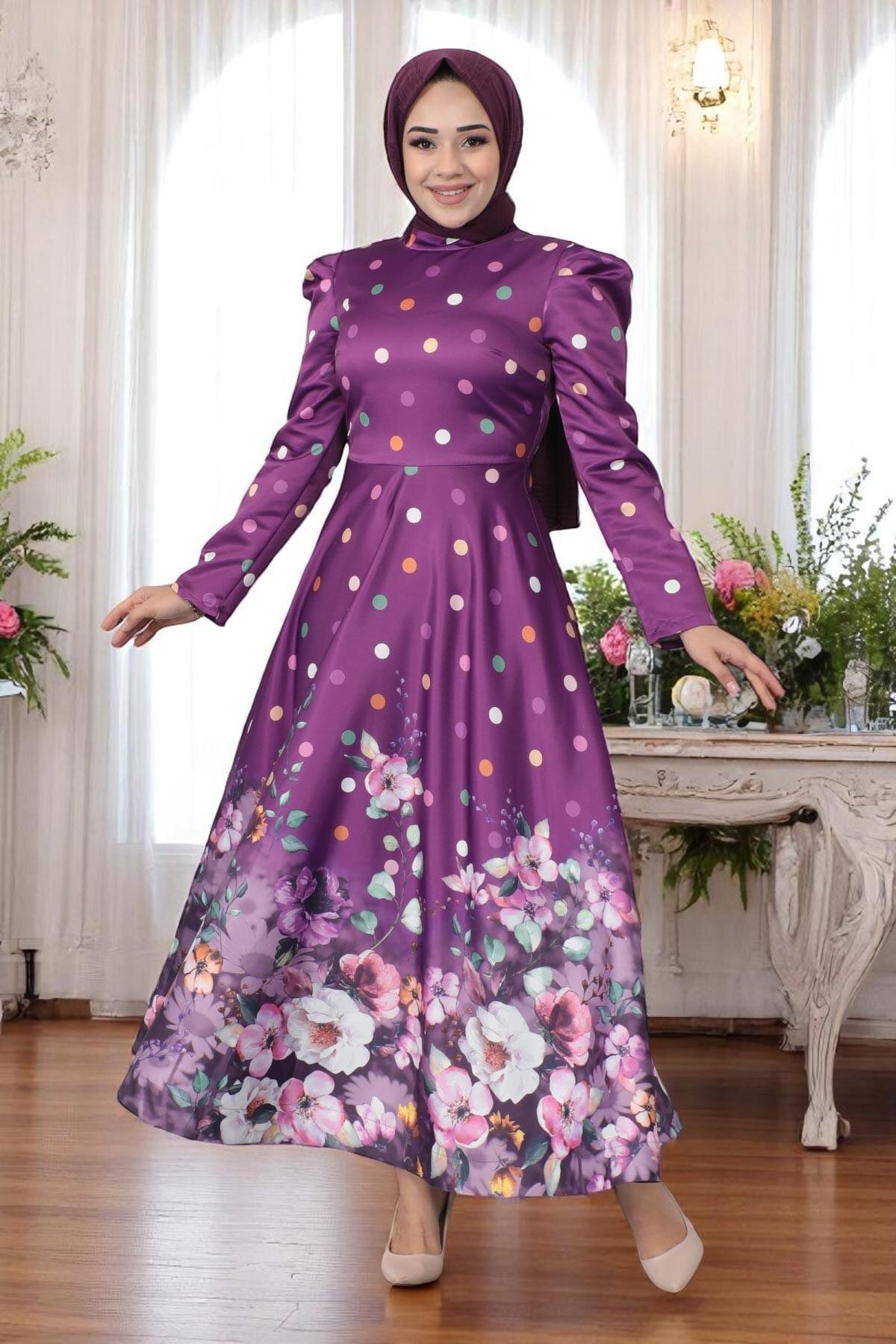 Satin Floral Polka Dot Modest Evening Dress - Damson - Modamihram