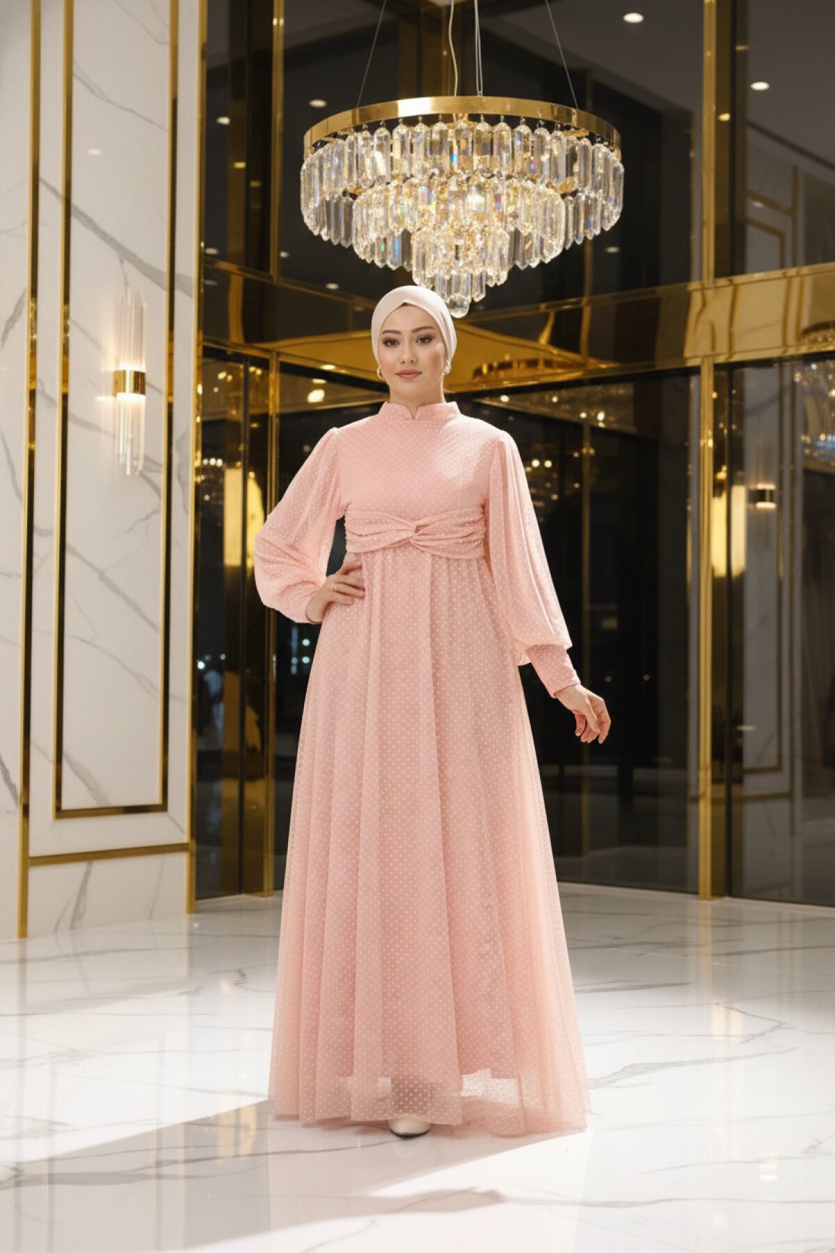 Tulle Pearl-Detail Modest Evening Dress - Powder - Modamihram