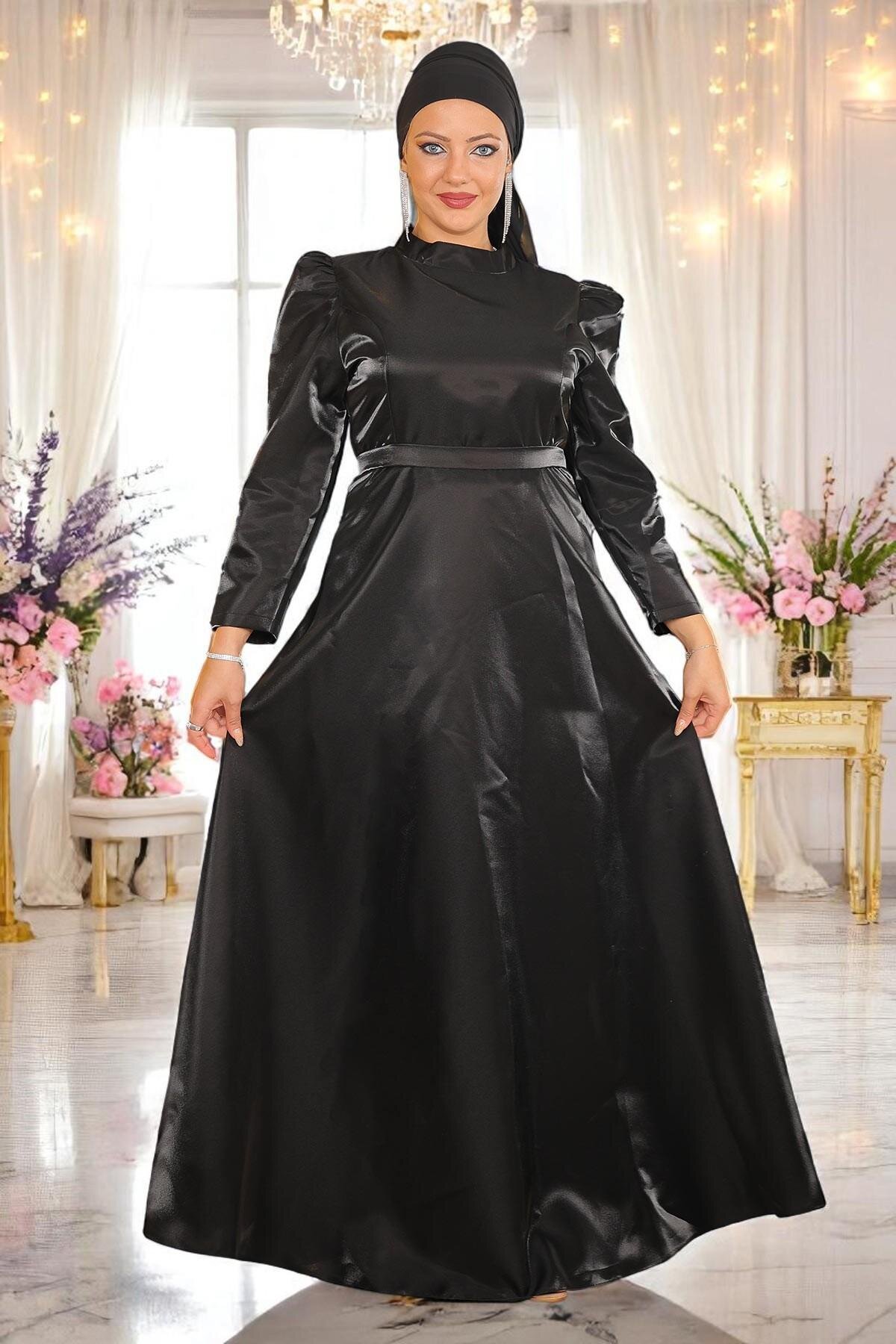Plus Size Shoulder Ruched Modest Evening Dress - Black - Modamihram