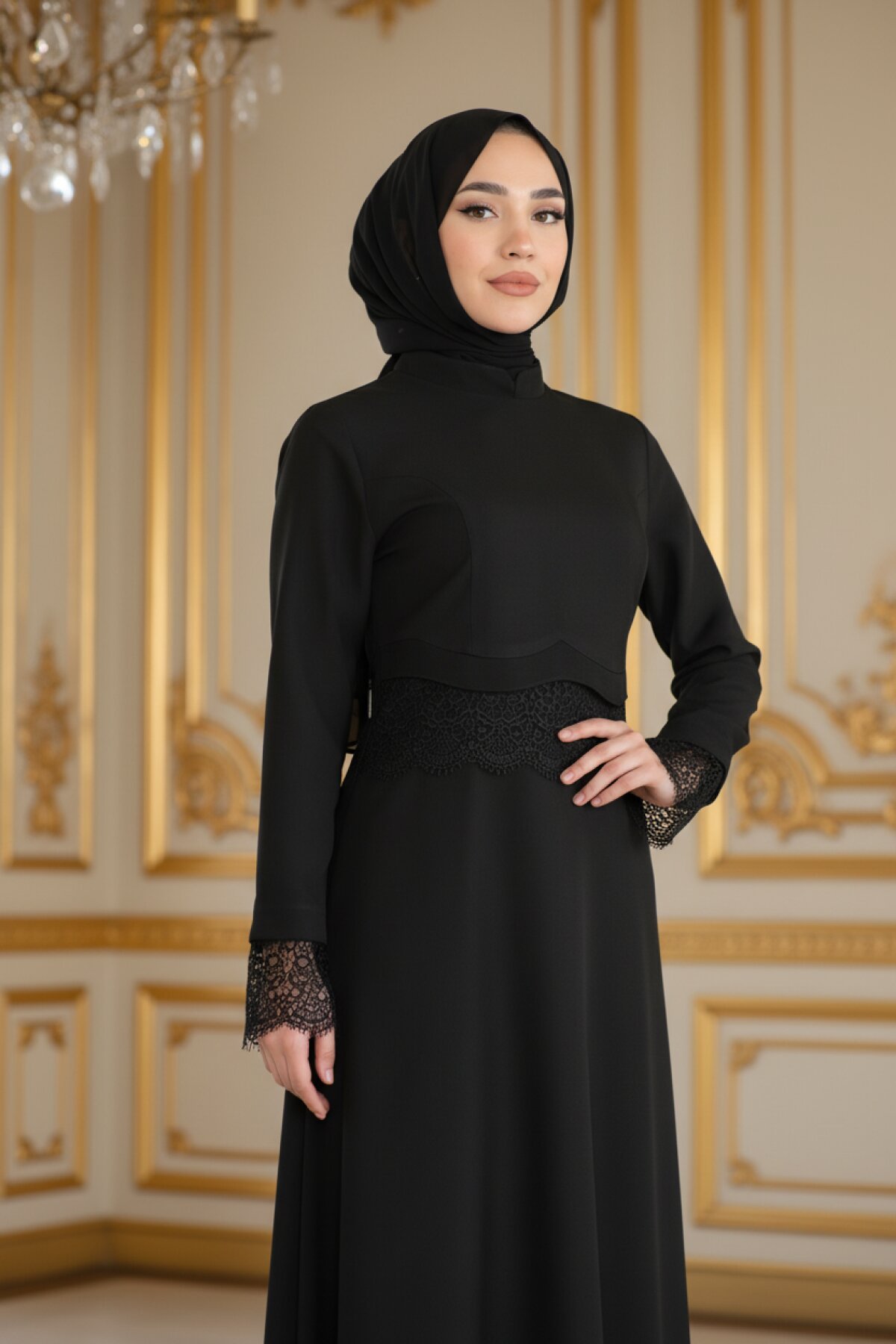 Lace-Detail Modest Evening Dress - Black - Modamihram