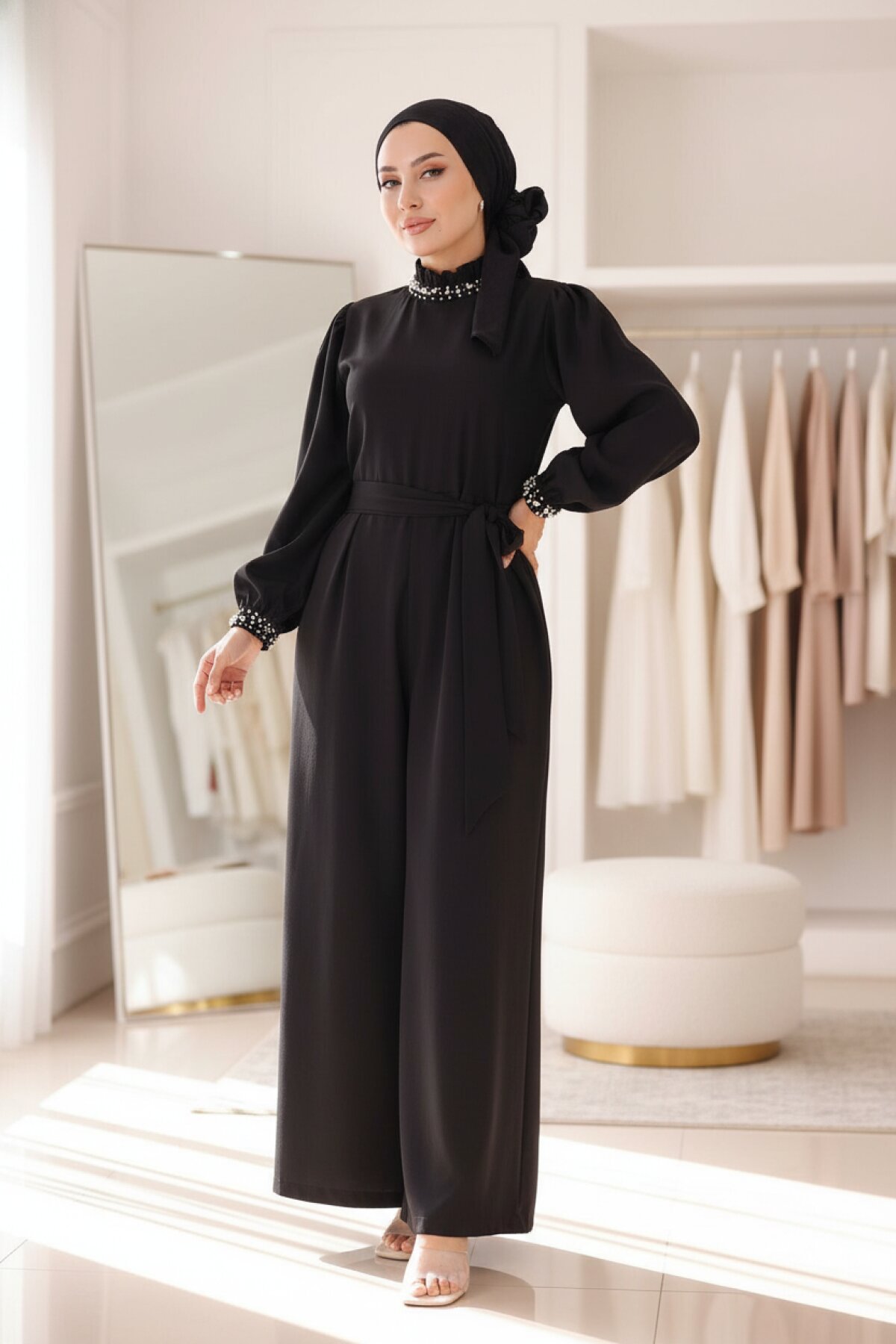 Jumpsuit Style Pearl-Detail Modest Dress - Black - Modamihram