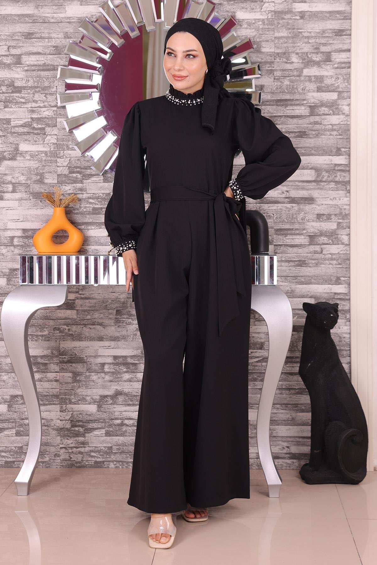 Jumpsuit Style Pearl-Detail Modest Dress - Black - Modamihram