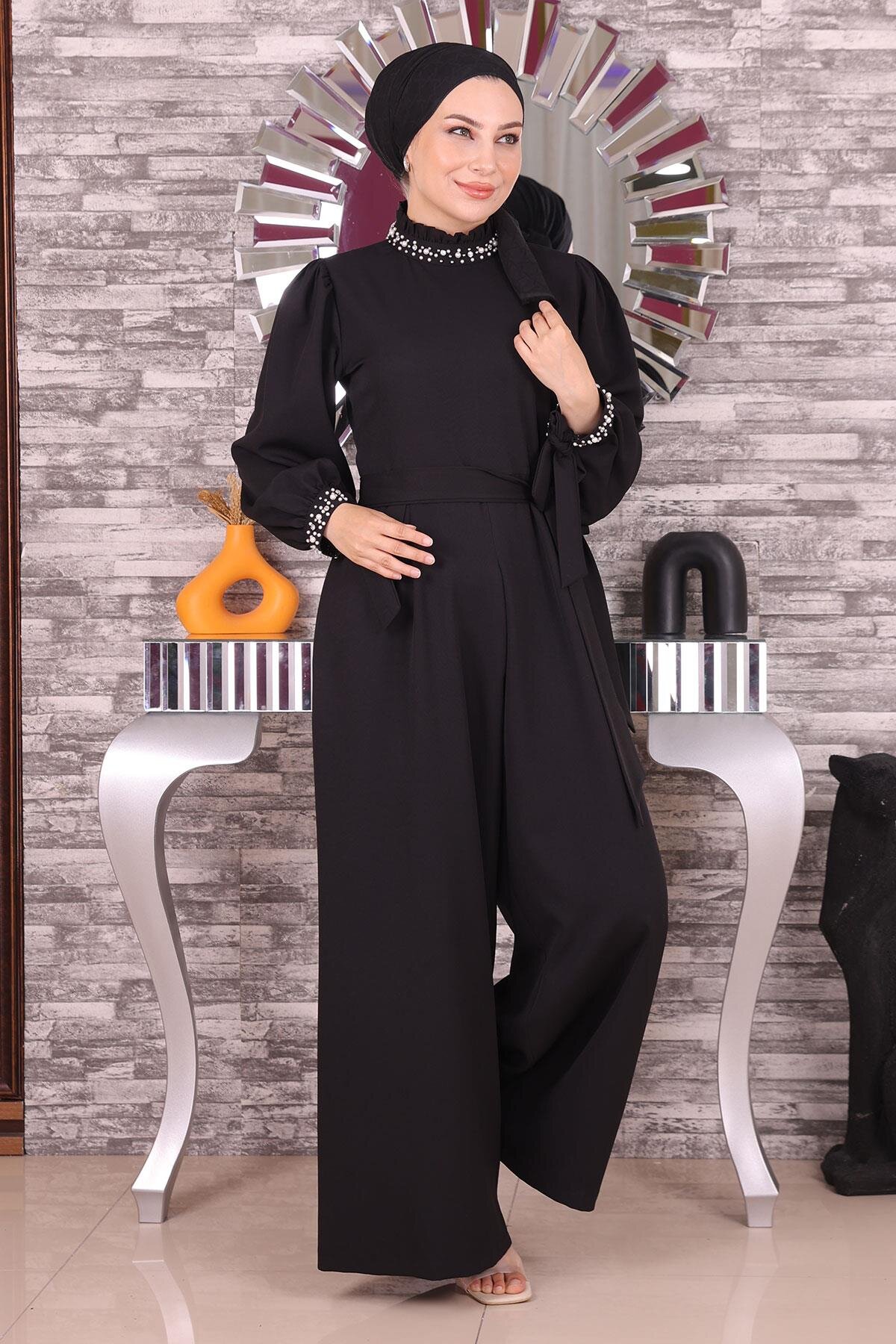 Jumpsuit Style Pearl-Detail Modest Dress - Black - Modamihram