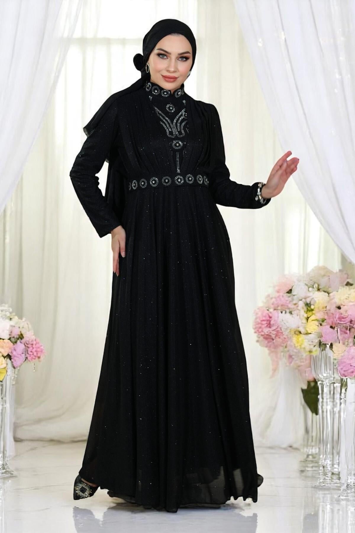 Glittery Draped Chiffon Stone-Detailed Modest Evening Dress - Black - Modamihram