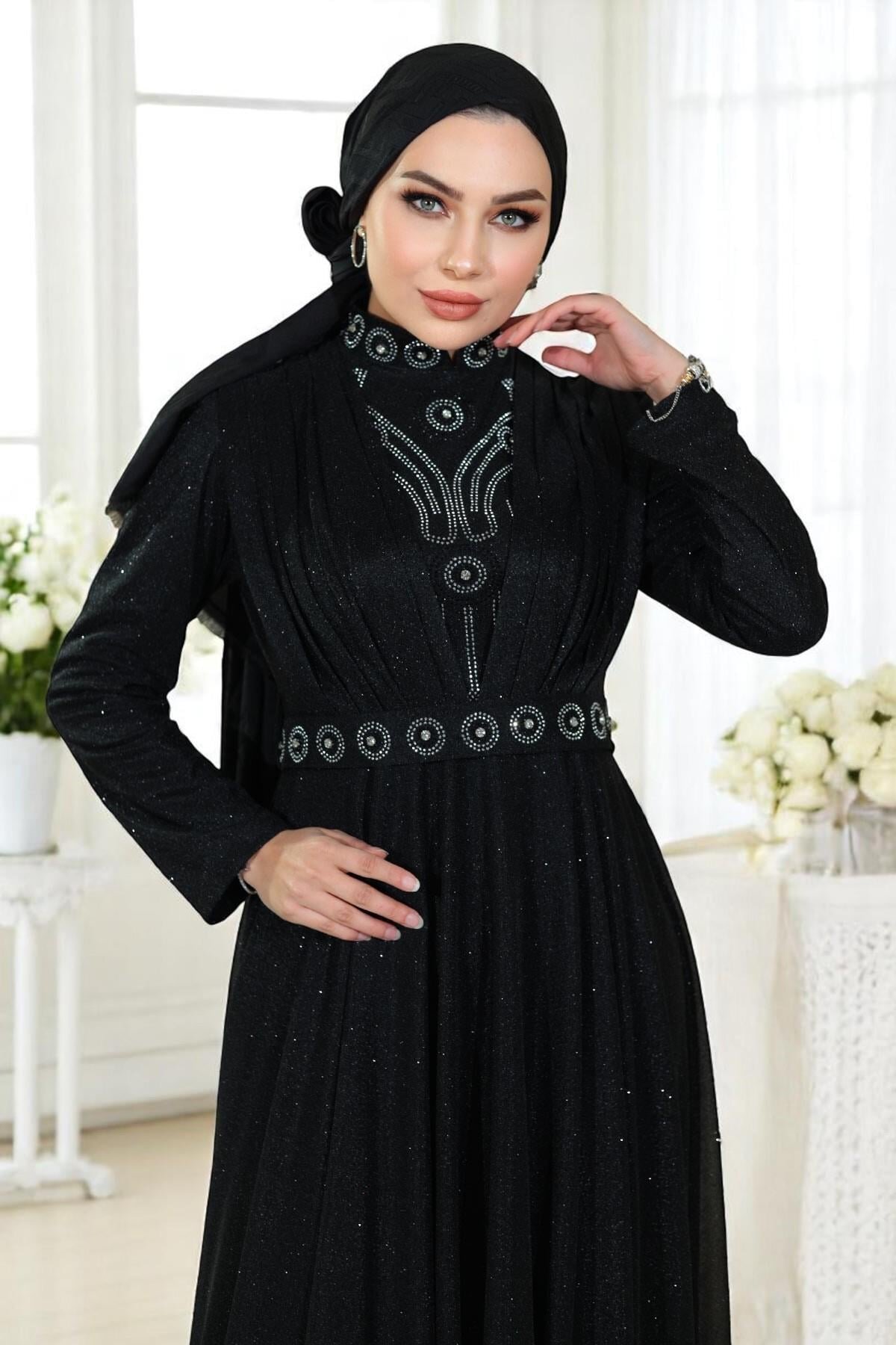Glittery Draped Chiffon Stone-Detailed Modest Evening Dress - Black - Modamihram