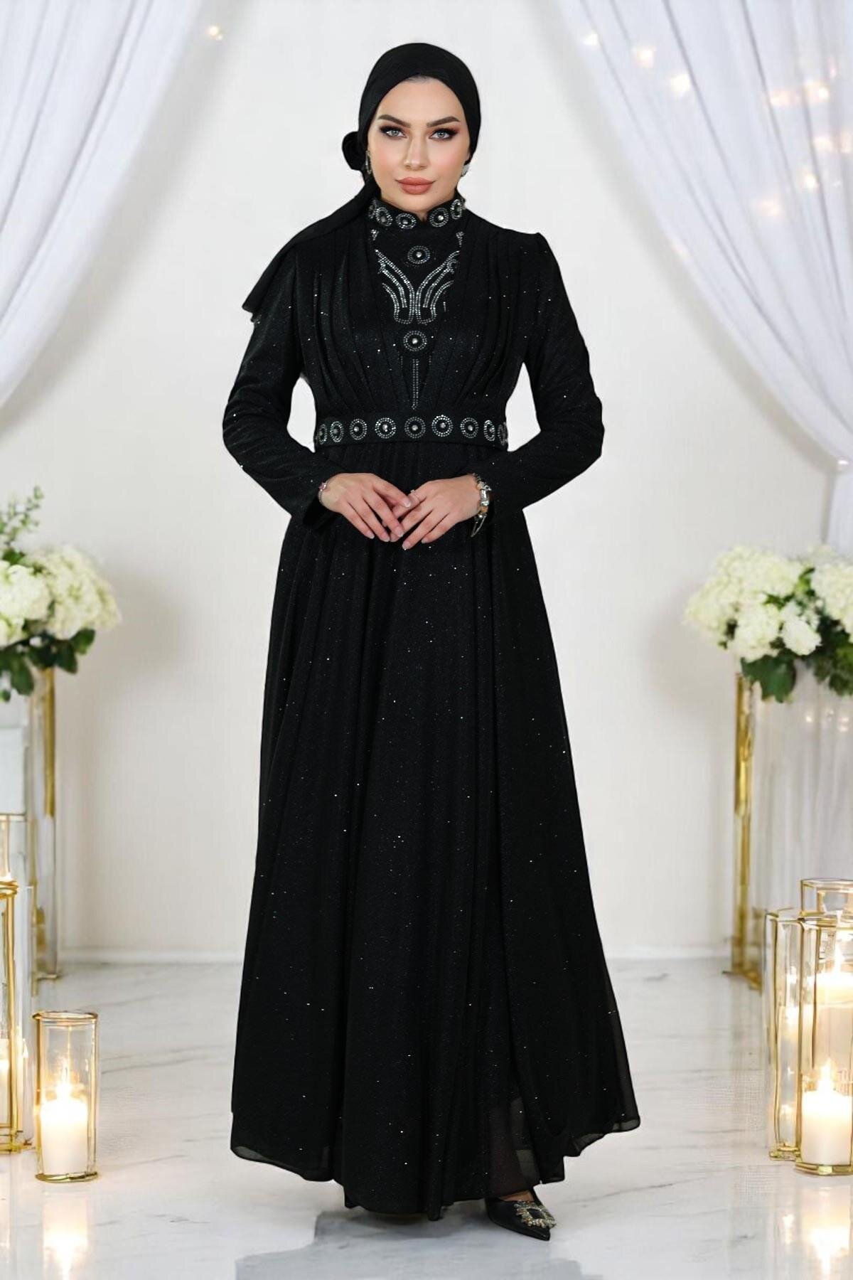 Glittery Draped Chiffon Stone-Detailed Modest Evening Dress - Black - Modamihram