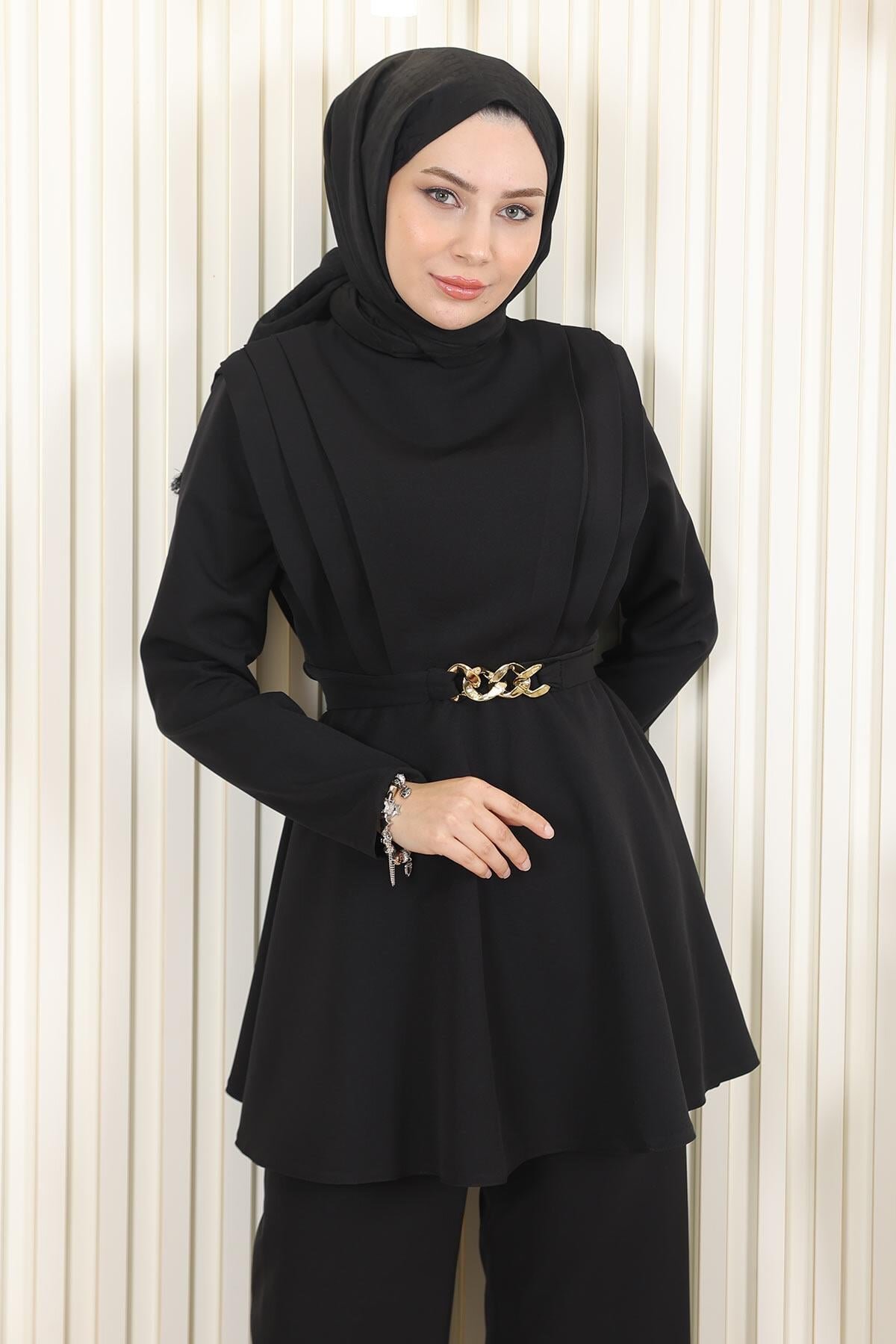 Chain Belted Modest Suit - Black - Modamihram
