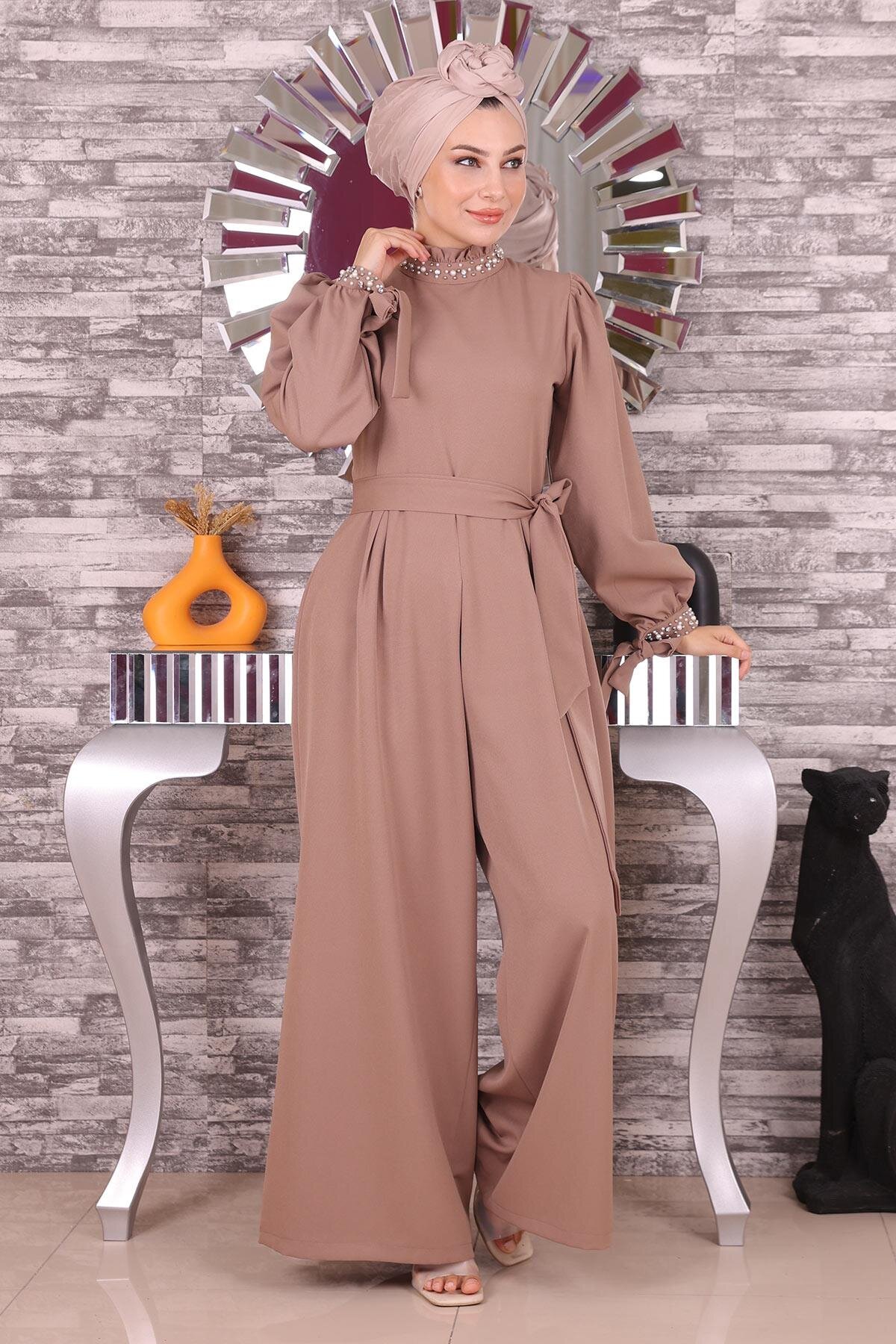 Pearl-Detail Jumpsuit Modest Dress - Mink - Modamihram