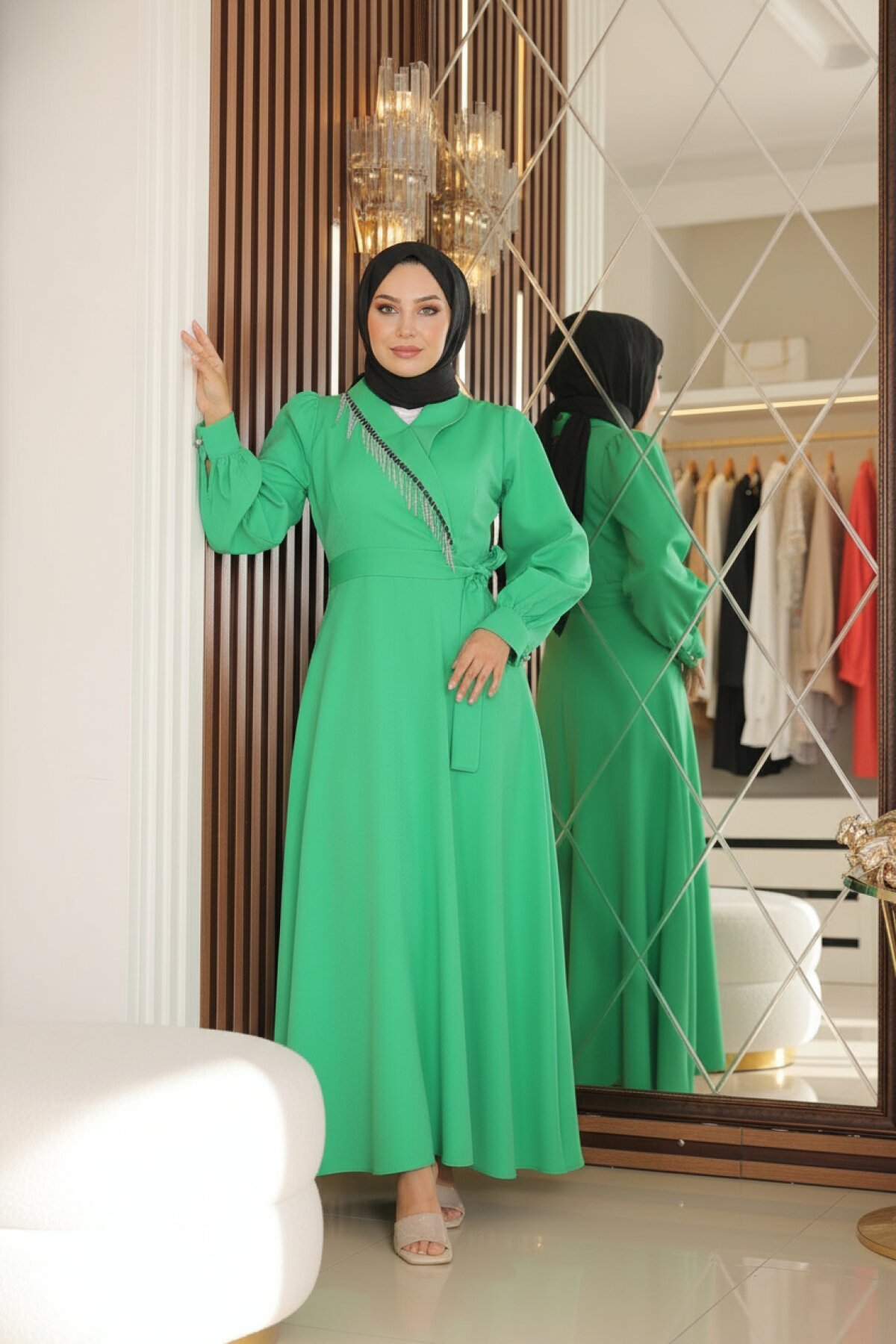 Tassel Detail Stone Modest Dress - Green - Modamihram