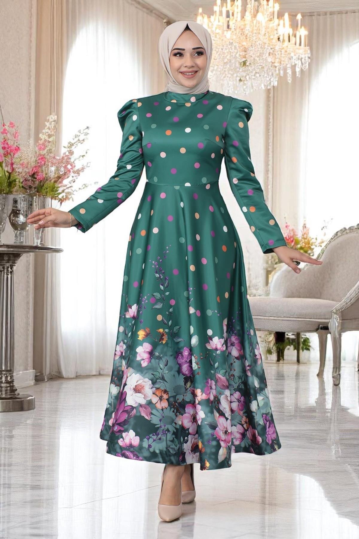 Floral Polka Dot Satin Modest Evening Dress - Emerald - Modamihram
