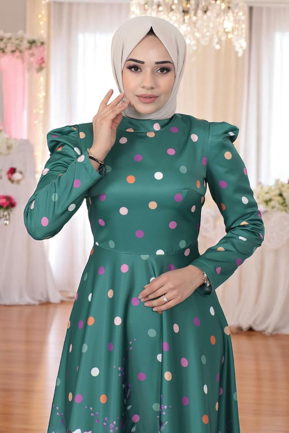 Floral Polka Dot Satin Modest Evening Dress - Emerald - Modamihram