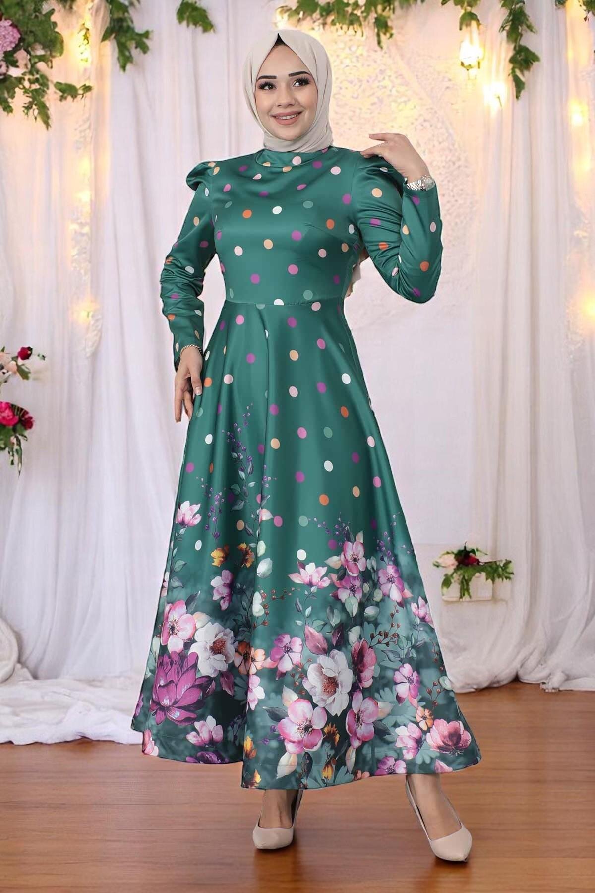Floral Polka Dot Satin Modest Evening Dress - Emerald - Modamihram