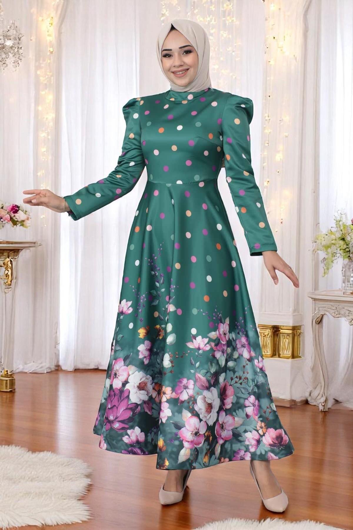 Floral Polka Dot Satin Modest Evening Dress - Emerald - Modamihram