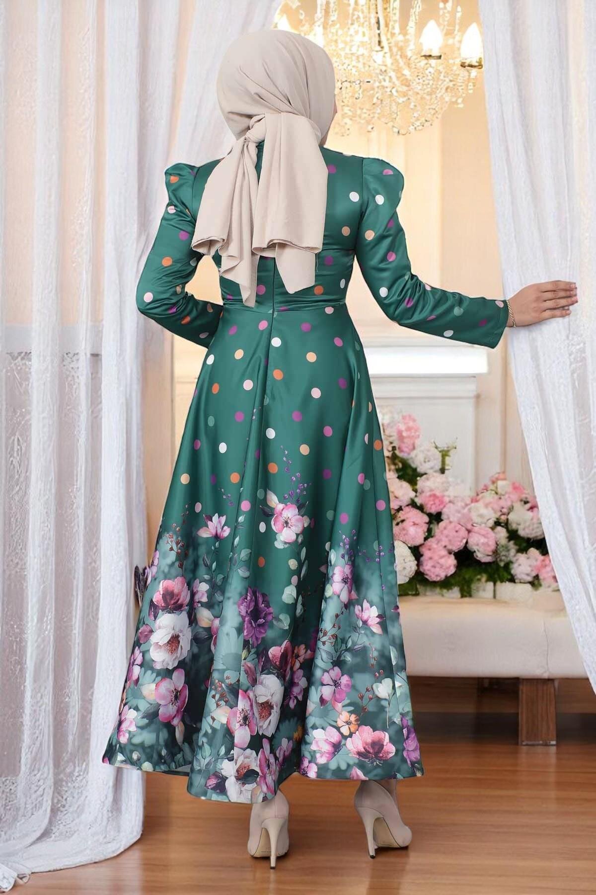 Floral Polka Dot Satin Modest Evening Dress - Emerald - Modamihram