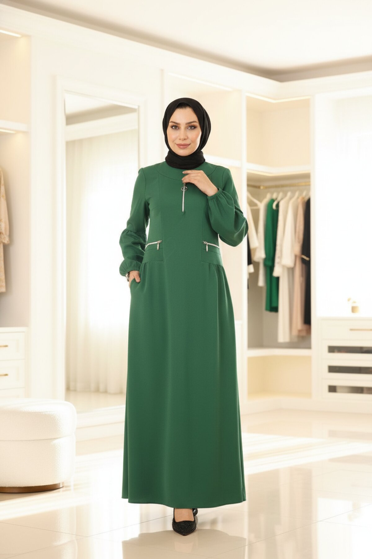 Zipper-Detail Modest Dress - Emerald - Modamihram