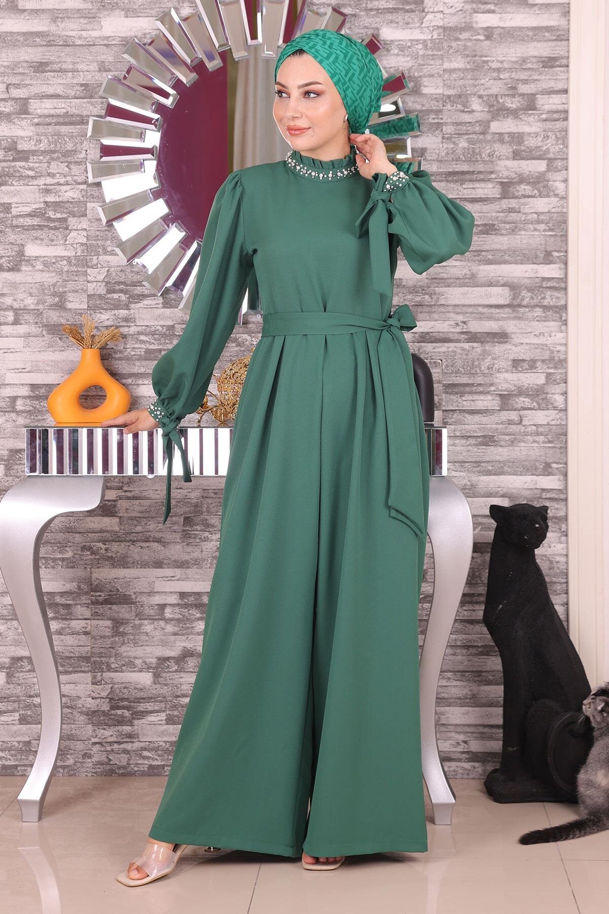 Pearl-Detailed Modest Jumpsuit Dress - Emerald - Modamihram