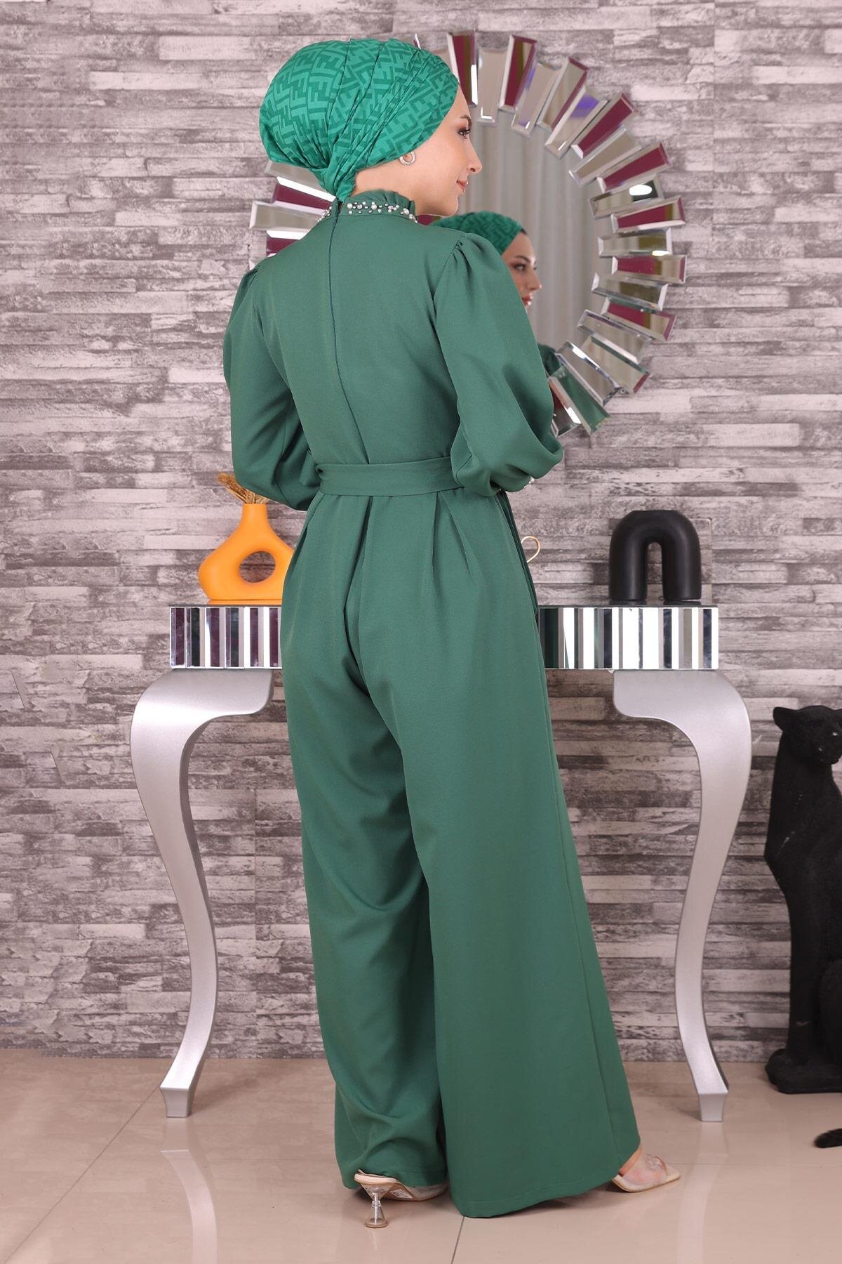 Pearl-Detailed Modest Jumpsuit Dress - Emerald - Modamihram
