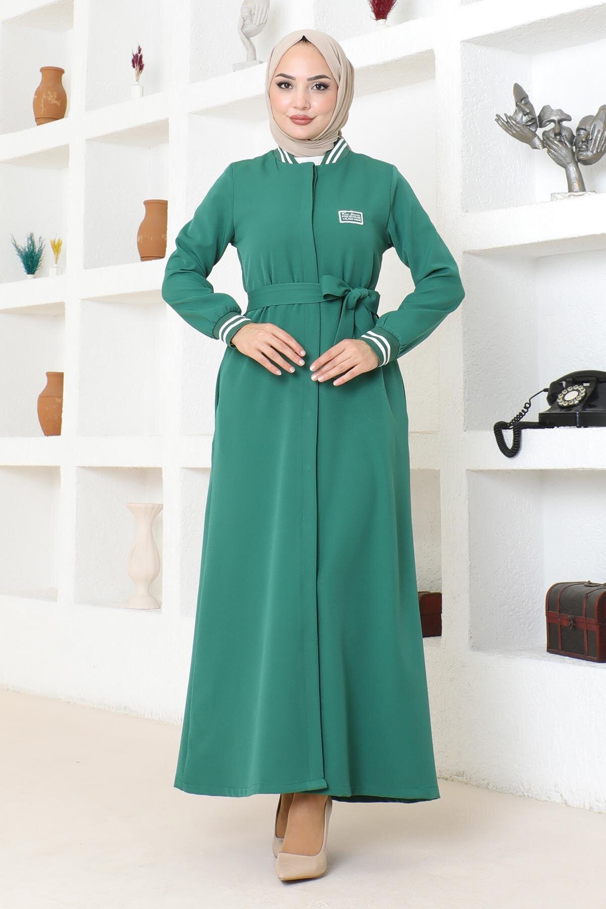 Ribbed Hidden Button Abaya - Emerald - Modamihram