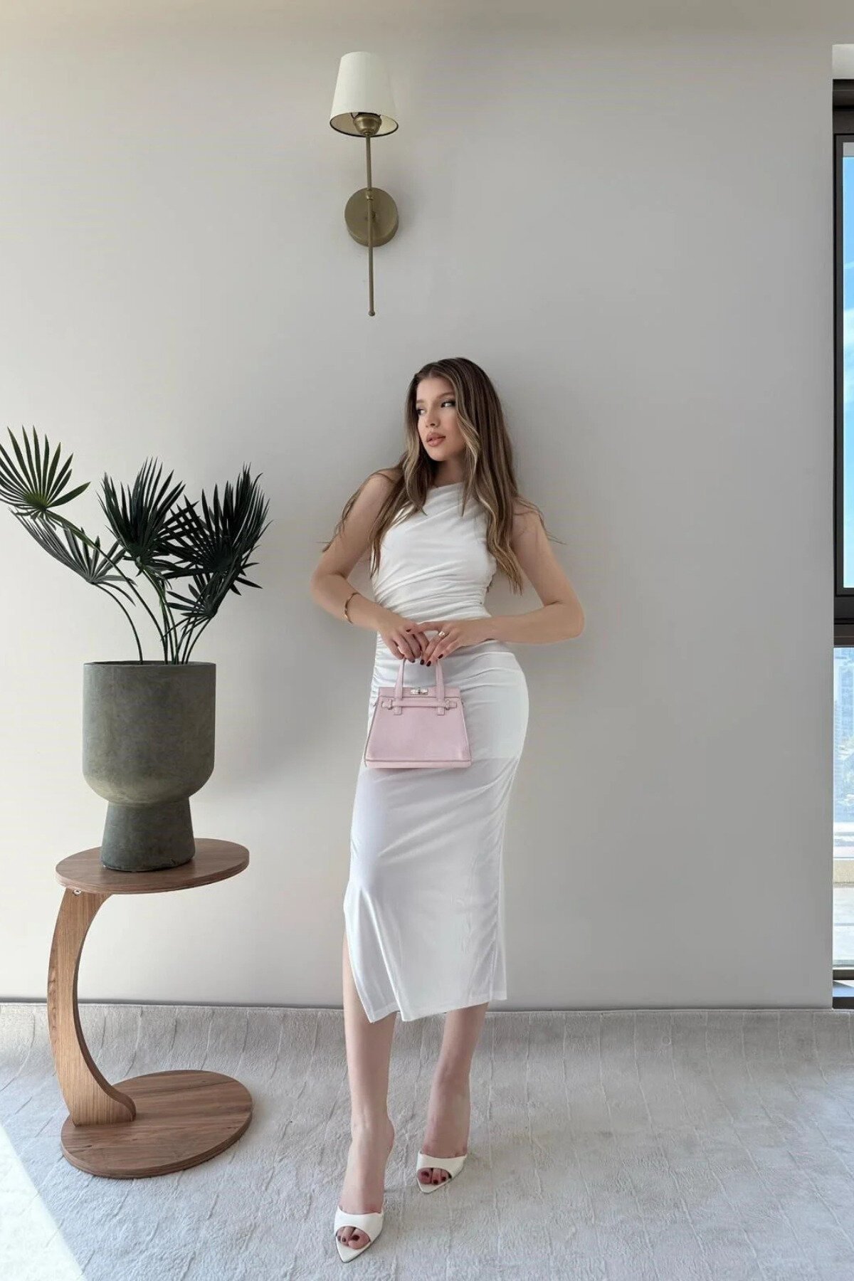 Beyaz Midi Tek Omuzlu Drape Detaylı Elbise - MOZENA